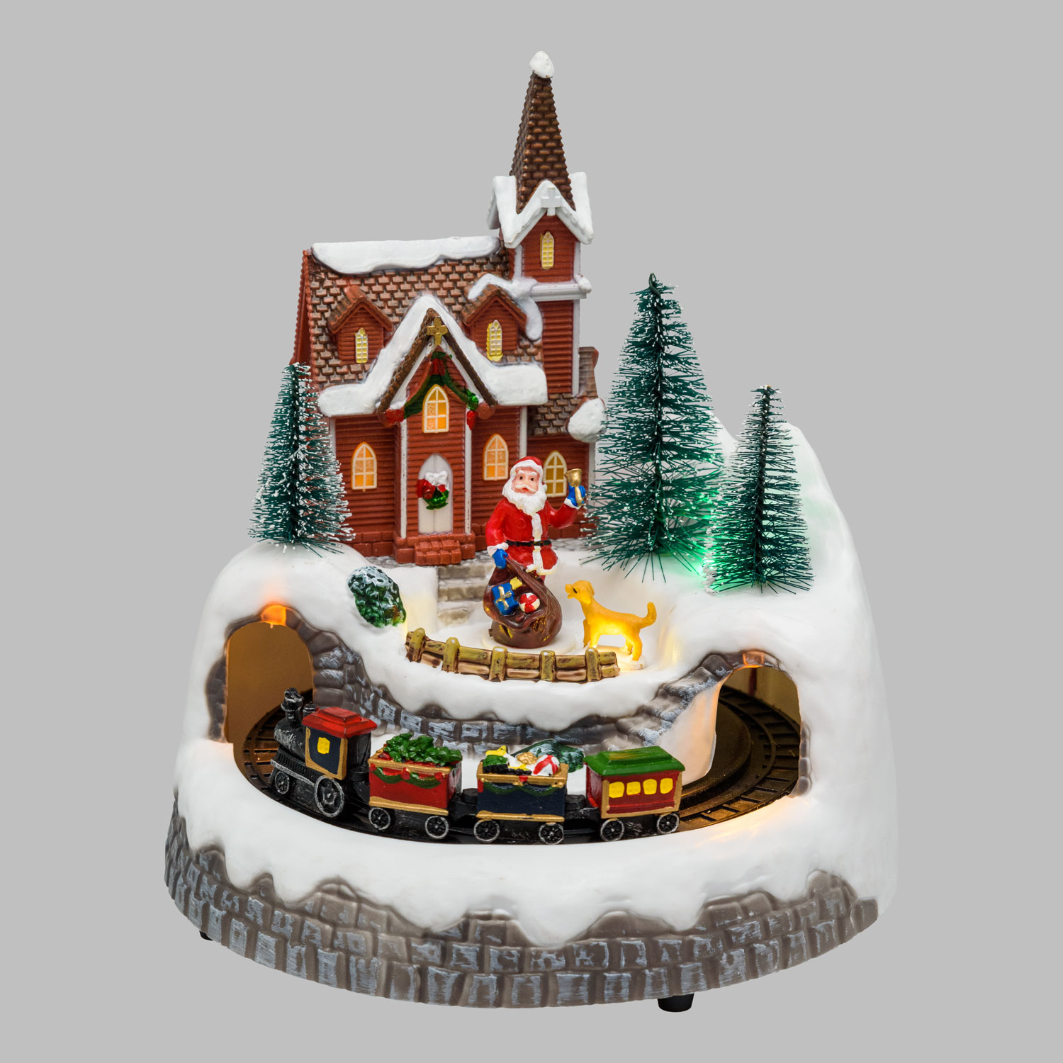 Village de Noël, Paysage avec le Père Noël et Chien, Petit Train tournant dans le Tunnel, h 21,5 cm 4 Village de Noël, Paysage avec le Père Noël et Chien, Petit Train tournant dans le Tunnel, h 21,5 cm 4