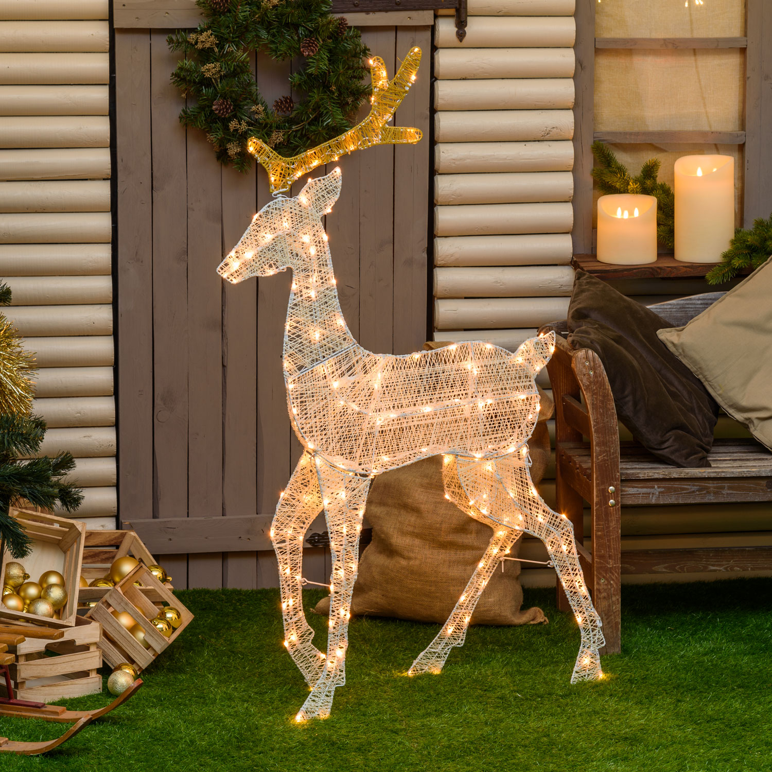 Renna 2D crema e marrone h 143 cm, led bianco extra caldo Renna 2D crema e marrone h 143 cm, led bianco extra caldo