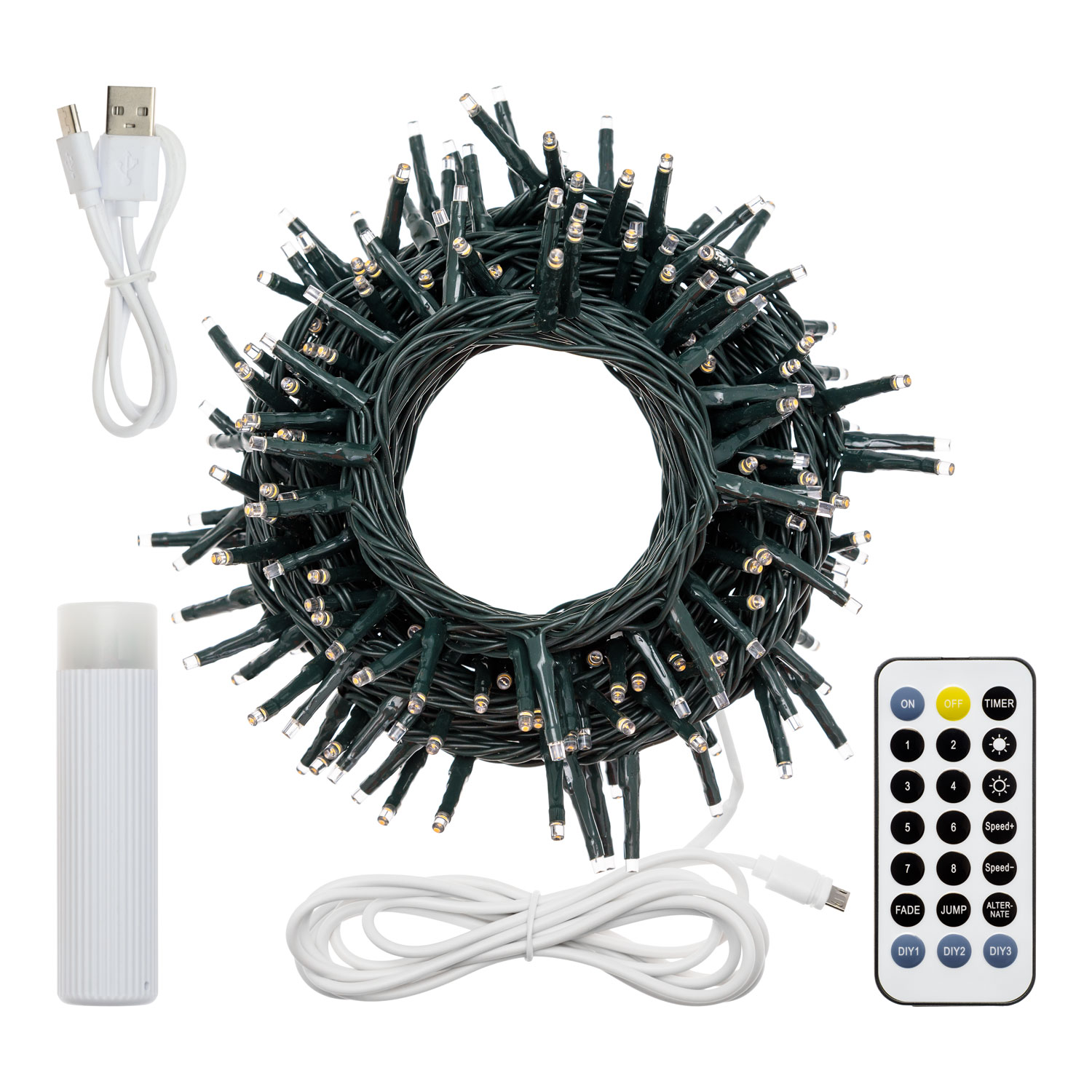 Guirnalda con batería Power Bank 10 m, 200 miniled blanco cálido, cable verde 6 Guirnalda con batería Power Bank 10 m, 200 miniled blanco cálido, cable verde 6
