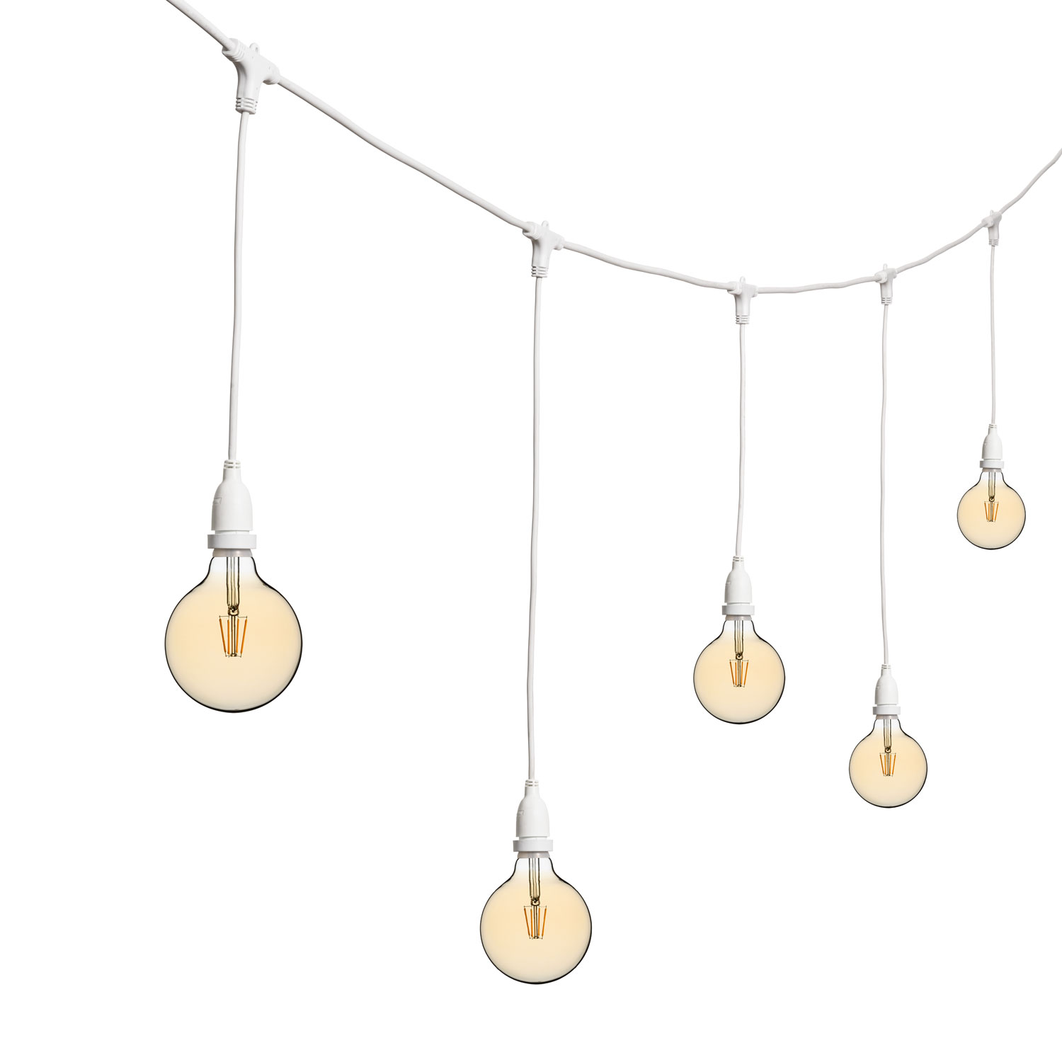 Catena 5 m, 8 lampadine led pendenti globo Ø 125 mm di 4 Watt, h 70 cm, prolungabile Catena 5 m, 8 lampadine led pendenti globo Ø 125 mm di 4 Watt, h 70 cm, prolungabile