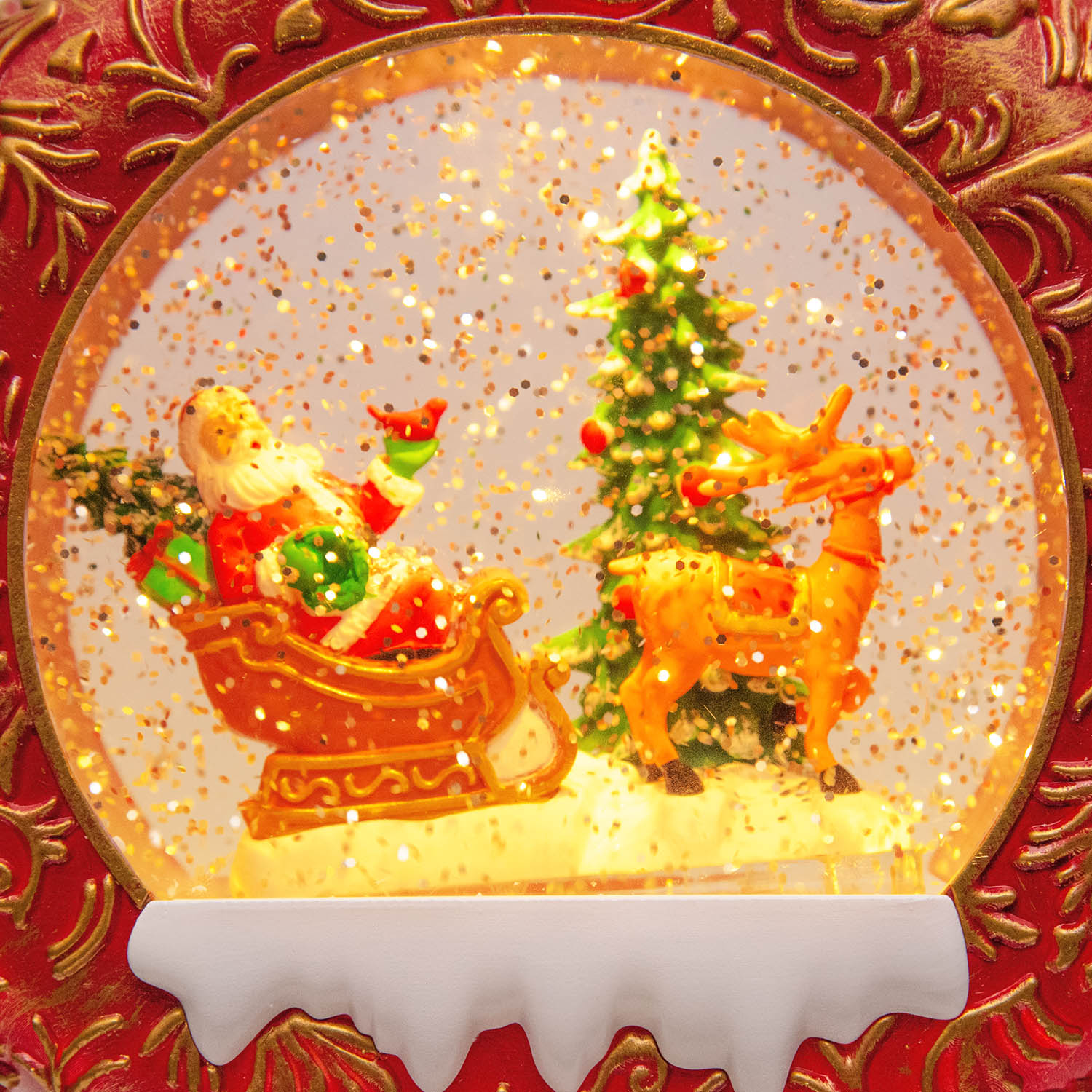 Lanterne de Noël Sphère plate rouge patiné, paillettes scintillantes, h 20 cm, musiques de Noël, LED blanc chaud 2