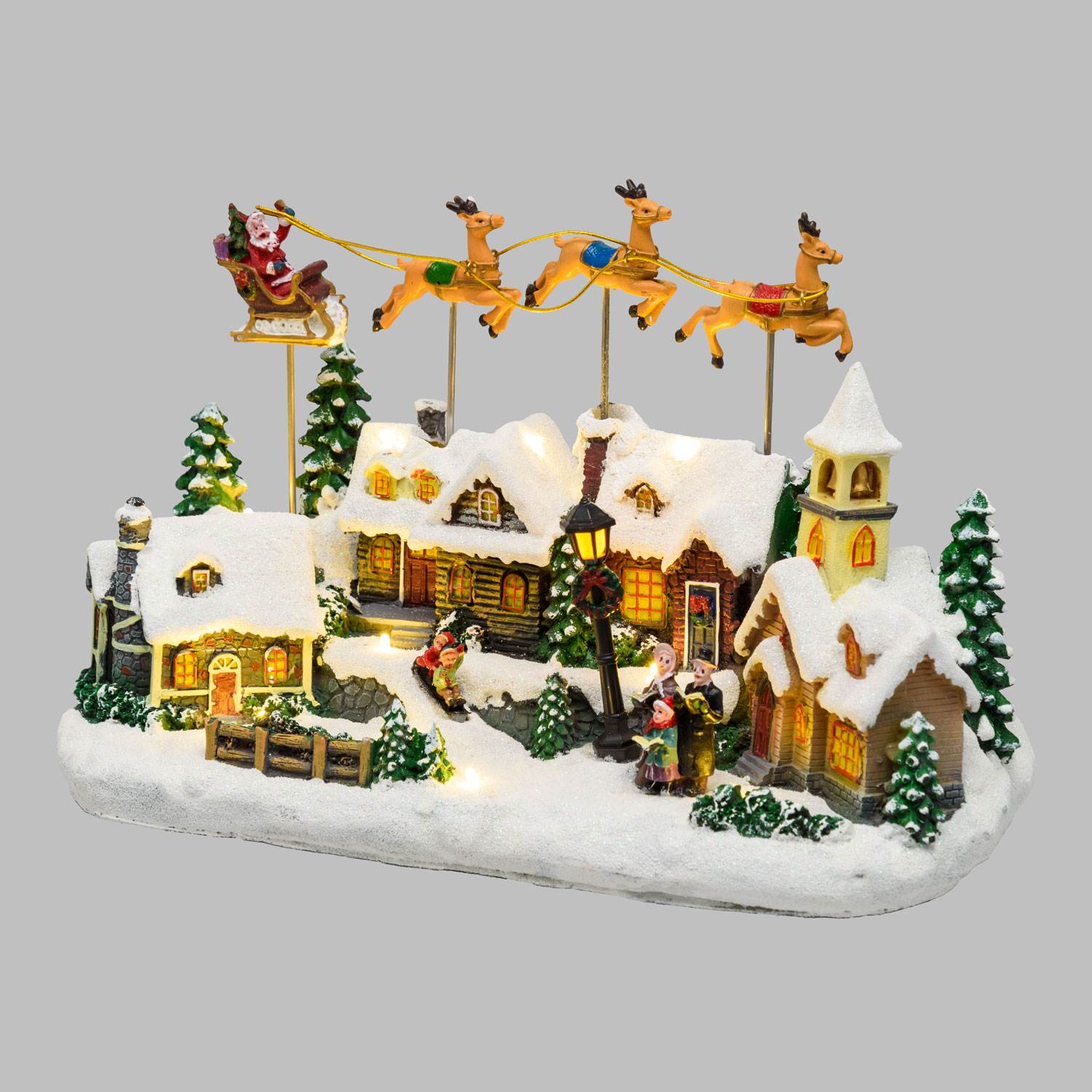 Village Enneigé avec Eglise et Père Noël sur Traîneau Volant avec Rennes en mouvement, h 23 cm, mélodies de Noël 7 Village Enneigé avec Eglise et Père Noël sur Traîneau Volant avec Rennes en mouvement, h 23 cm, mélodies de Noël 7