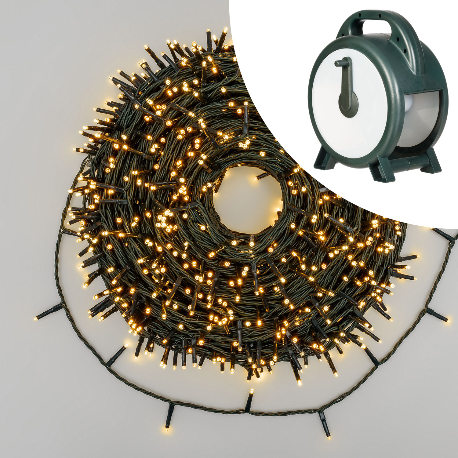 Guirnalda con carrete enrollador 72 m, 1200 miniled blanco cálido, cable verde Guirnalda con carrete enrollador 72 m, 1200 miniled blanco cálido, cable verde