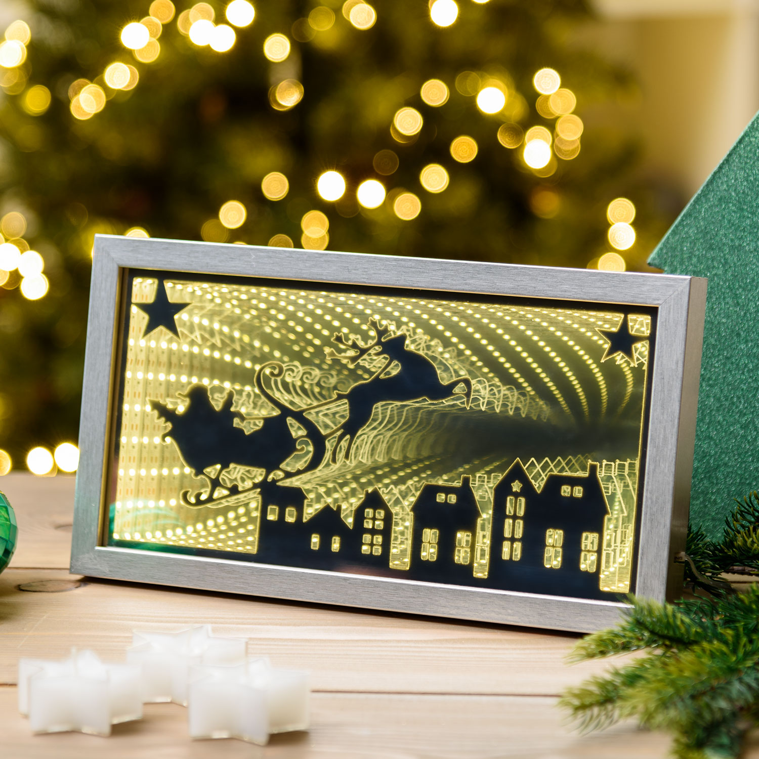 Quadretto luminoso Babbo su slitta volante, led bianco caldo Quadretto luminoso Babbo su slitta volante, led bianco caldo