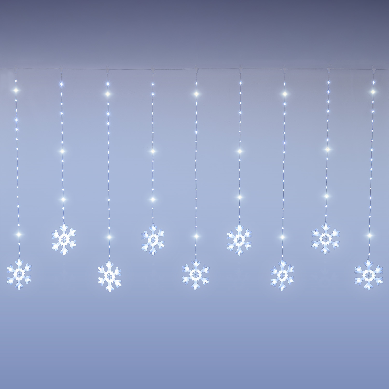 3.25 x h 1.15 m, 420 cold white Light Drops LEDs Icicle Lights with 14 Snowflakes, transparent cable