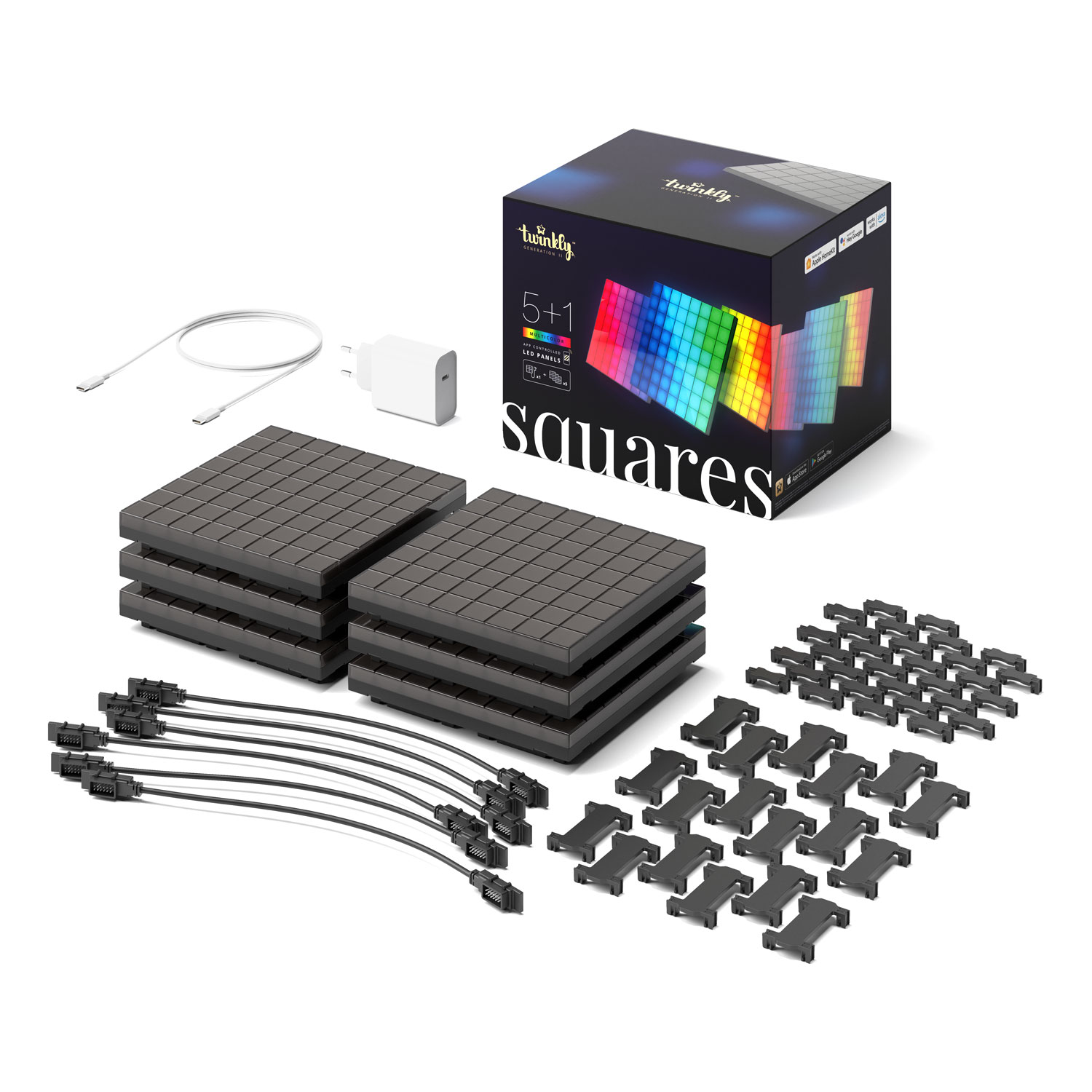 Twinkly Squares, 6 pannelli con 64 RGB Pixel Led, starter kit 1 Twinkly Squares, 6 pannelli con 64 RGB Pixel Led, starter kit 1
