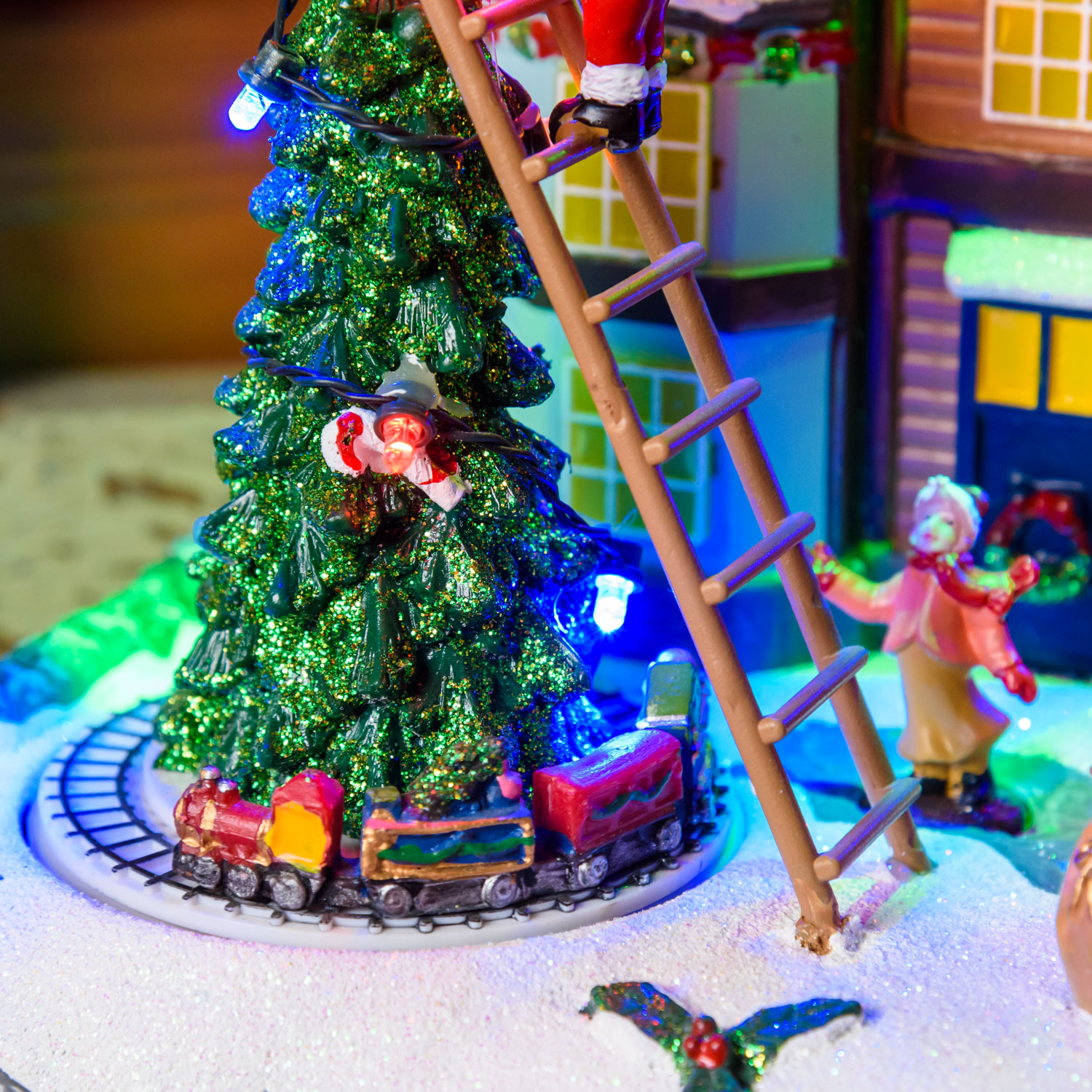 Christmas Village, Christmas Tree and Santa on Ladder, Miniature Train h 21.5 cm, with Christmas Music 9 Christmas Village, Christmas Tree and Santa on Ladder, Miniature Train h 21.5 cm, with Christmas Music 9