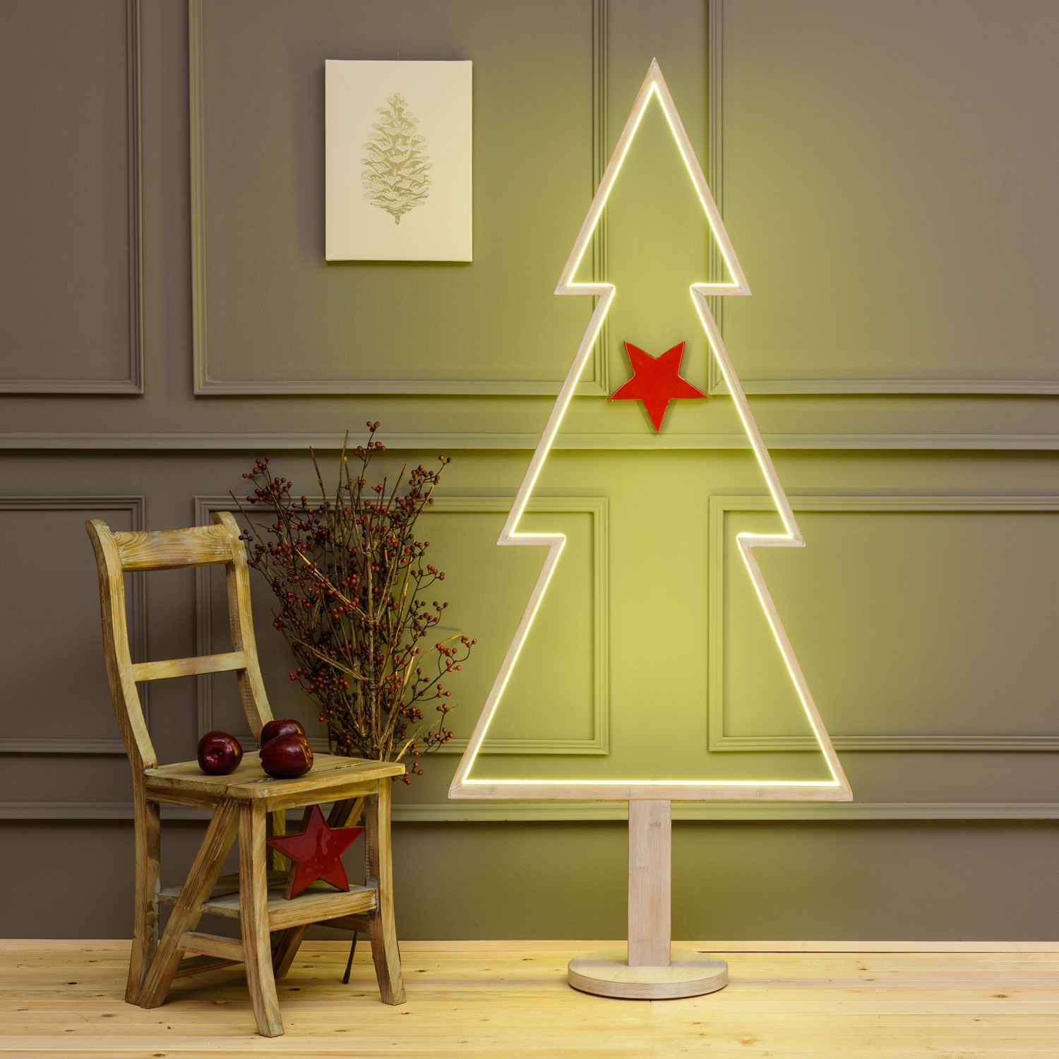 LED-Tannenbaum aus weißem Naturholz auf Fuß, 170 cm, RGB und warmweiß, Innenbereich 16 LED-Tannenbaum aus weißem Naturholz auf Fuß, 170 cm, RGB und warmweiß, Innenbereich 16
