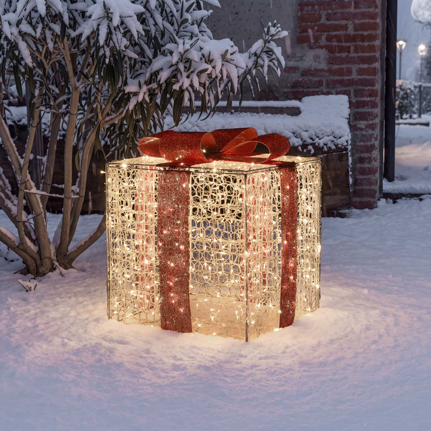 Paquet cadeau 3D en acrylique transparent, h 65 cm, 550 Dual LED blanc chaud et blanc froid 12
