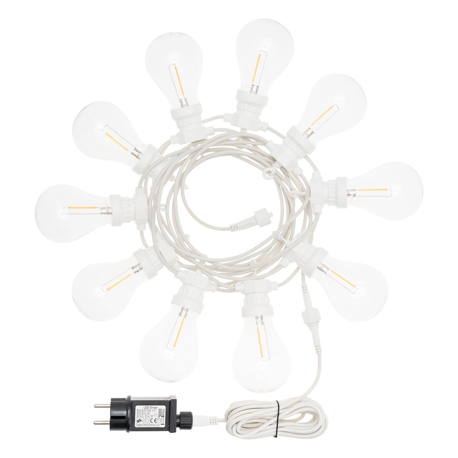 LED Filament-Lichterkette 5,5 m, 10 Tropfenbirnen, weißes Kabel 6 LED Filament-Lichterkette 5,5 m, 10 Tropfenbirnen, weißes Kabel 6