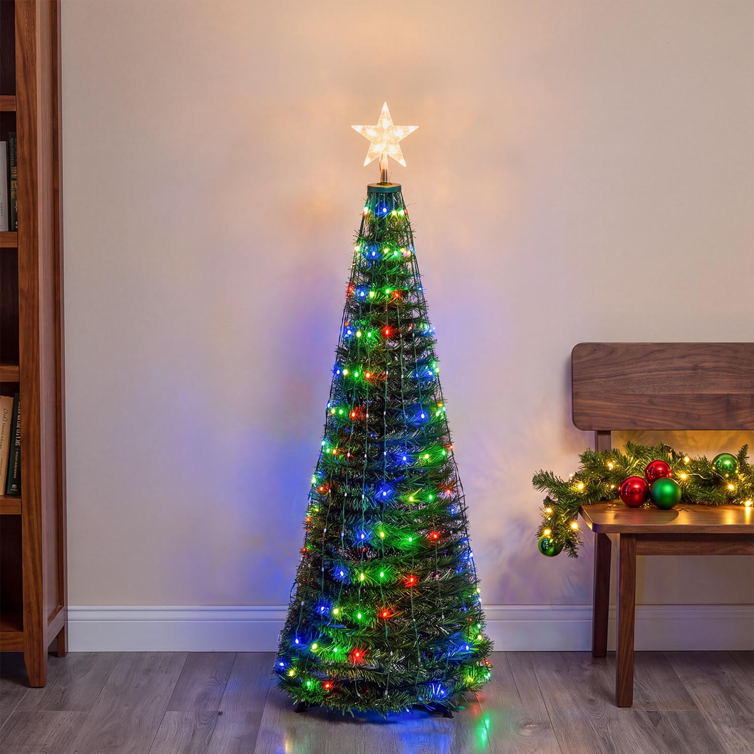 h. 150 cm Floding Green Cone Artificial Lighted Christmas Tree, RGB 