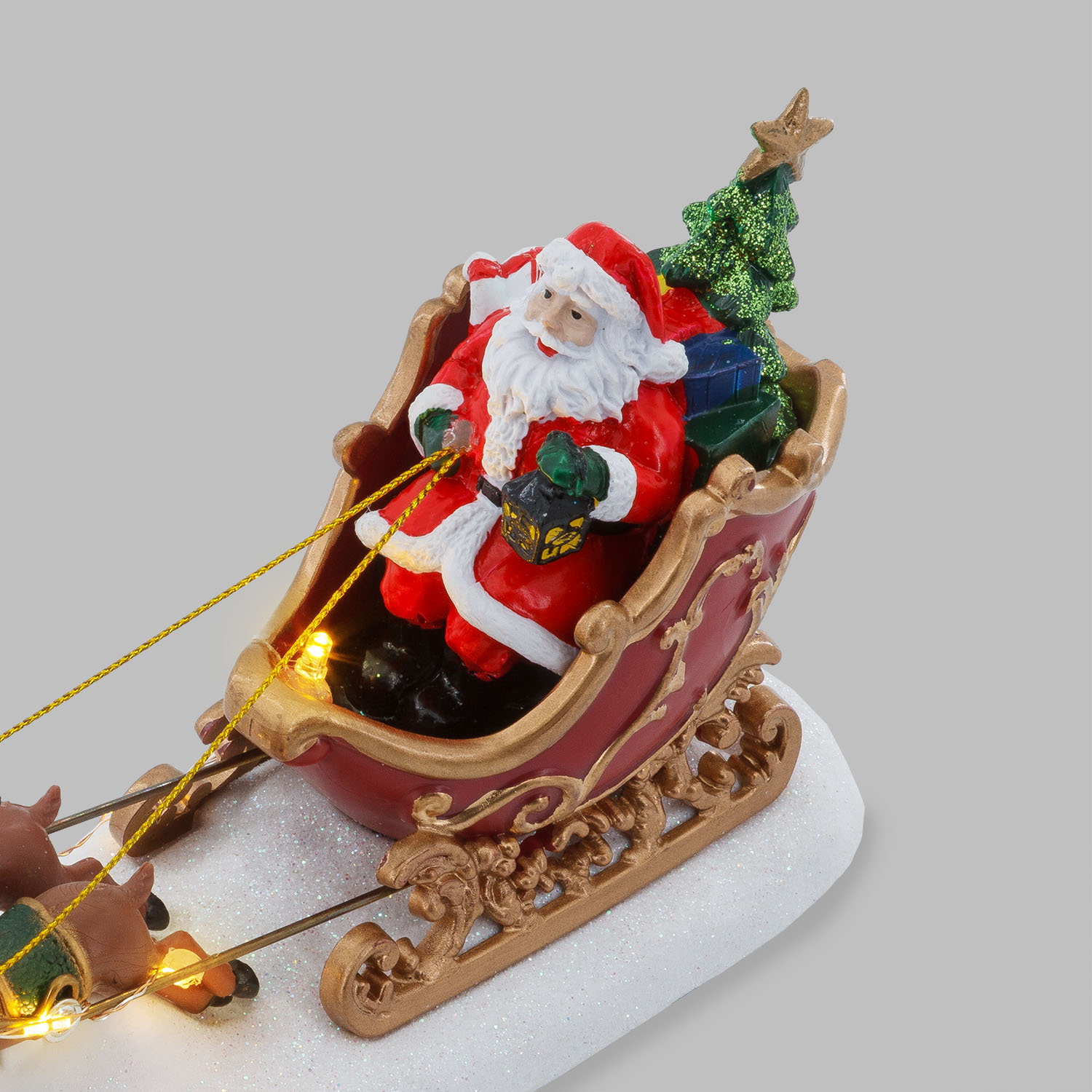 Villaggio di Natale, Babbo Natale su slitta e renne volanti, h 16 cm, led bianco caldo 7