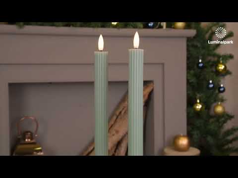 Set of 2 Green Ribbed Wax Taper Candles, 3D Flame with Wick 2