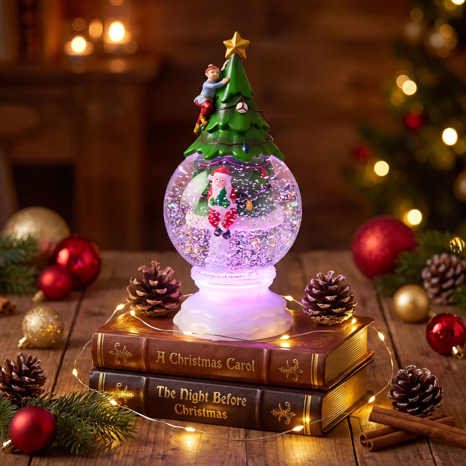Kugel mit Baum und Weihnachtsmann, H. 23 cm, mehrfarbiger RGB-LED-Glitzer