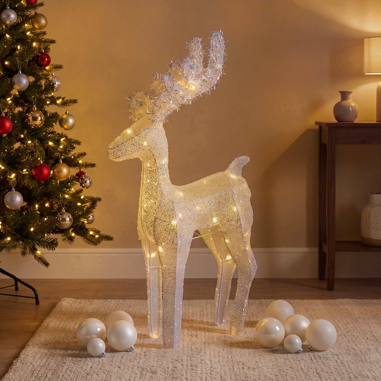 Renne lumineux 3D en Tissu Blanc Irisé, 58 cm, LED blanc chaud, usage intérieur