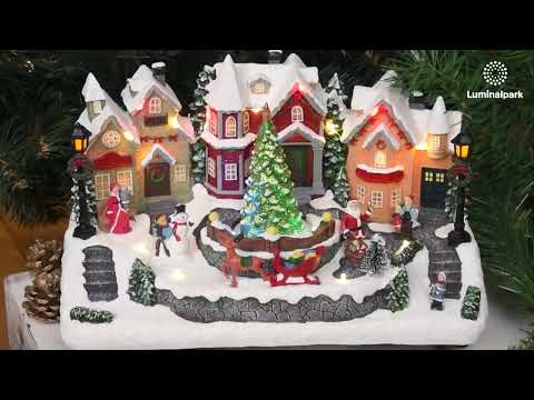 Pueblo de Navidad, Paisaje nevado con personajes y Árbol de Navidad giratorio, h 18 cm, villancicos 2