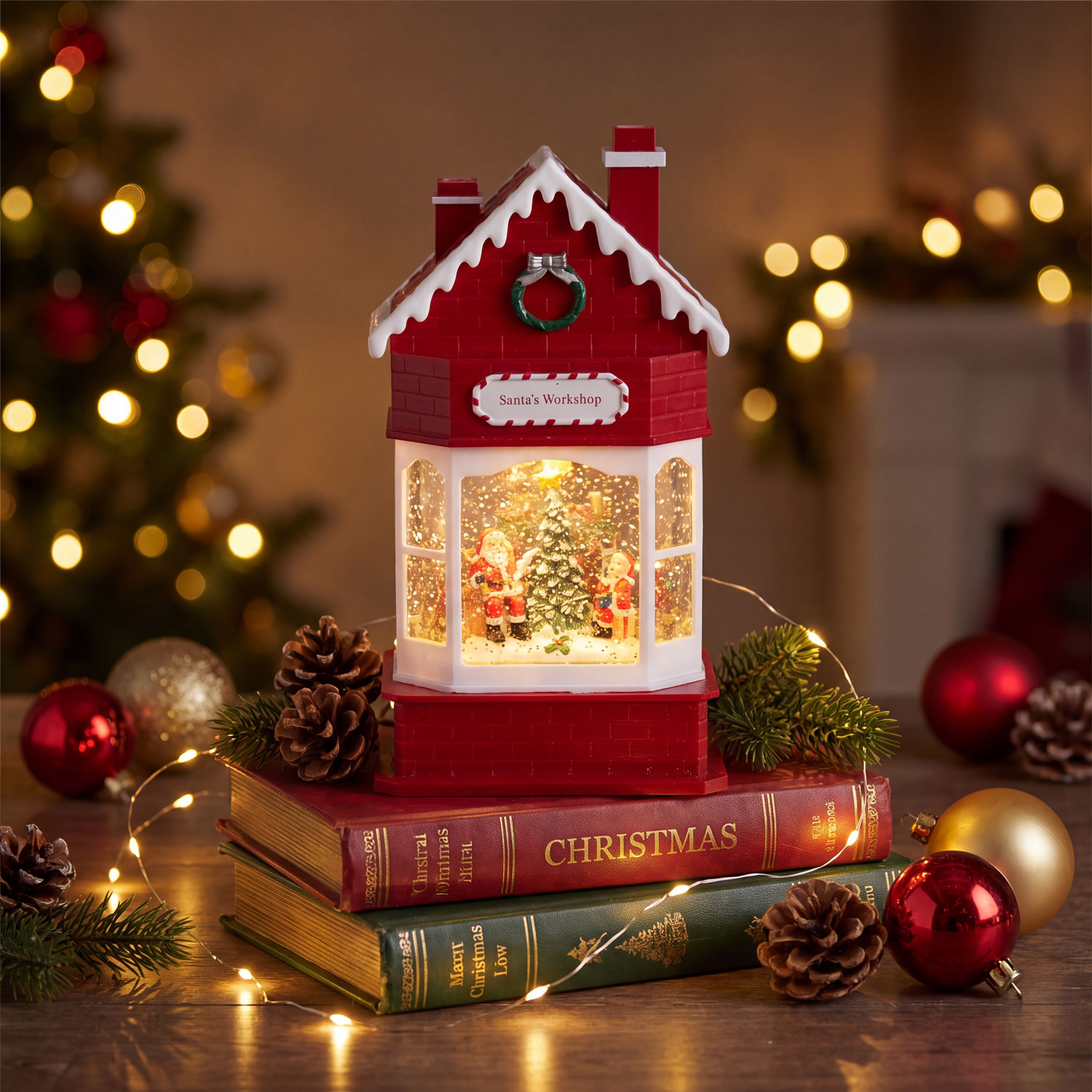 Weihnachtsmanns Wunschbüro mit funkelndem Glitter, H 28,5 cm, Weihnachtslieder, LED warmweiß