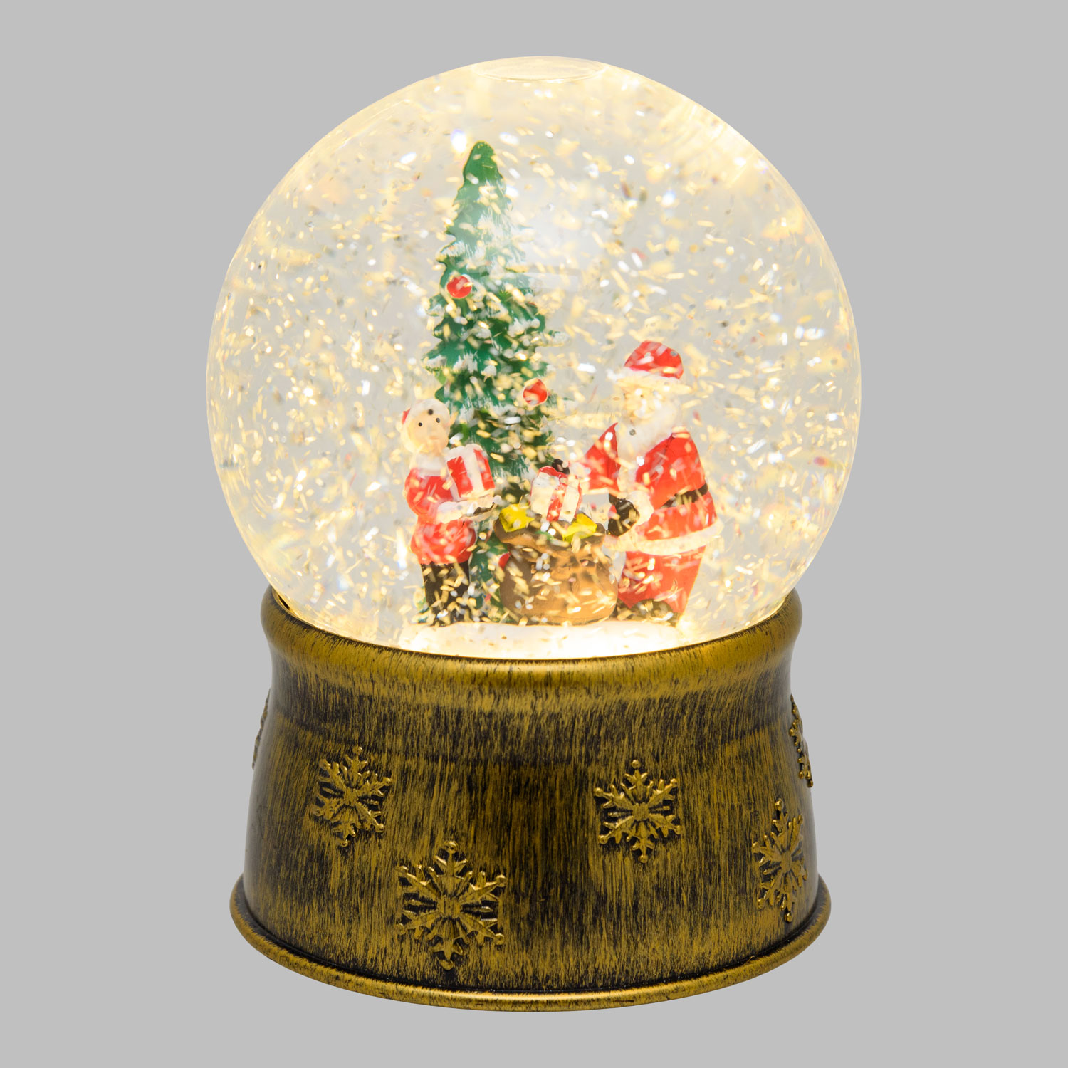 Bola de cristal, base marrón bruñido, árbol de Navidad con Papá Noel y saco regalos, led blanco cálido Bola de cristal, base marrón bruñido, árbol de Navidad con Papá Noel y saco regalos, led blanco cálido