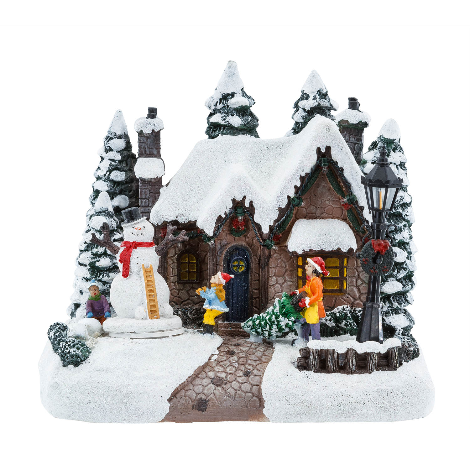 Villaggio di Natale, Casa innevata nel Bosco con Pupazzo di Neve rotante, h 20 cm, musiche natalizie 2