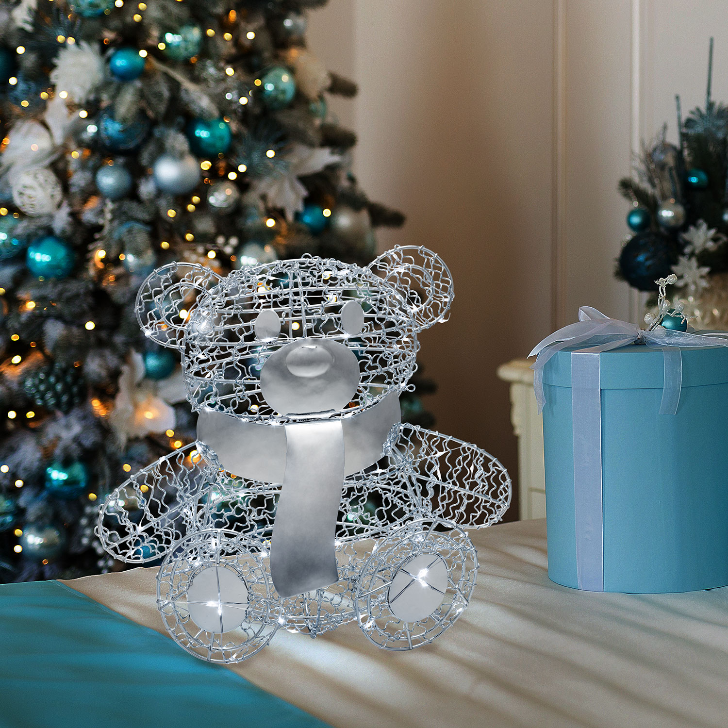 Sitzender Teddybär aus Silberdraht h 27 cm, 80 MicroLEDs kaltweiß 9 Sitzender Teddybär aus Silberdraht h 27 cm, 80 MicroLEDs kaltweiß 9