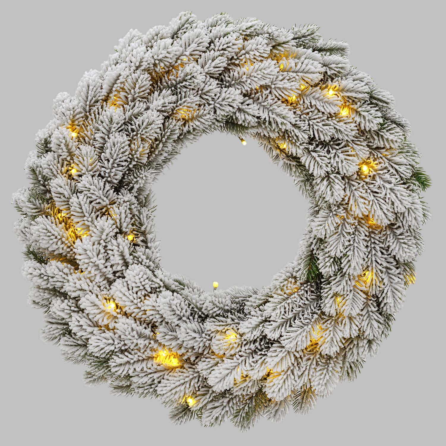 Corona Alpino in finto pino a batteria, floccato bianco, Ø 60 cm, 80 led integrati bianco caldo