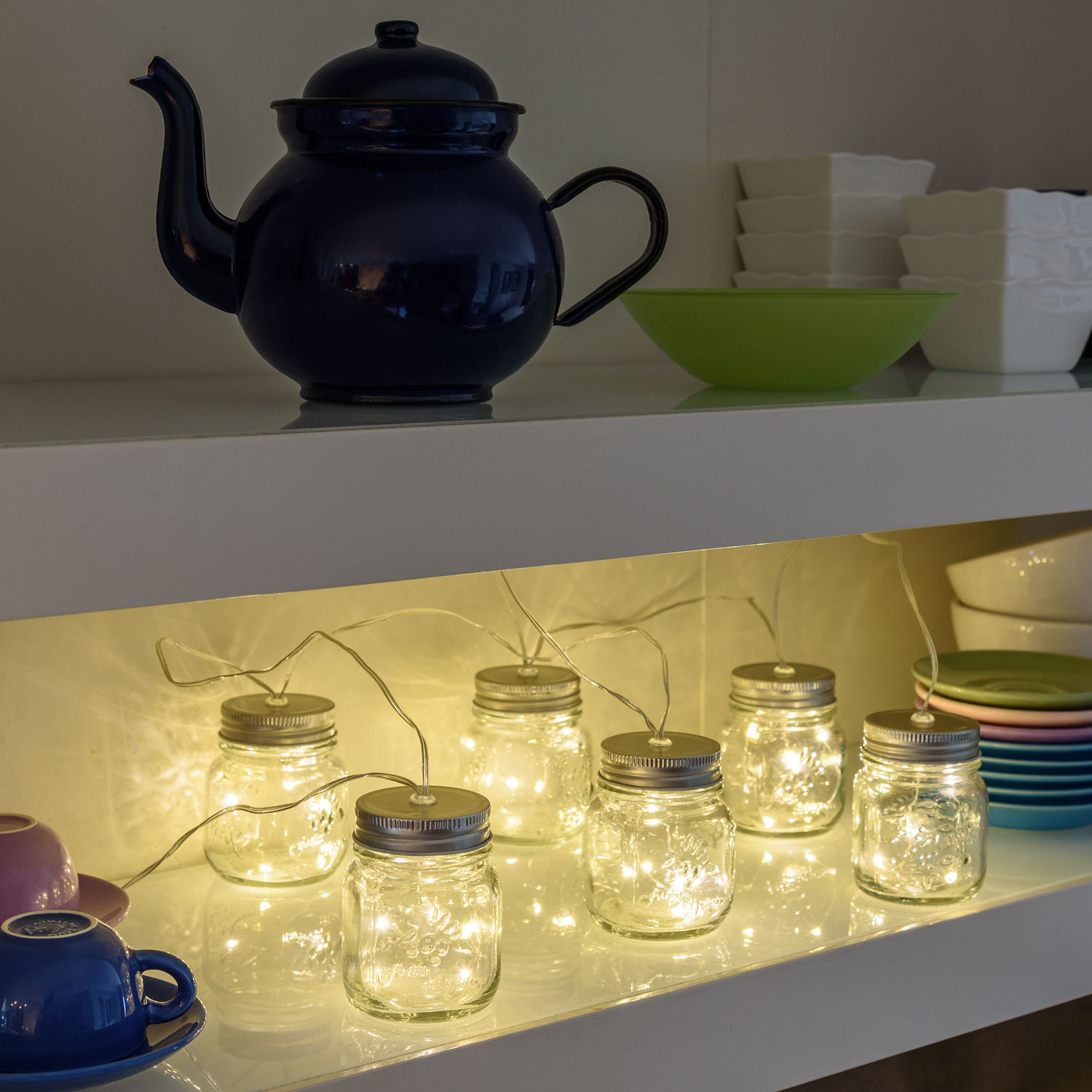 Catena luminosa di vasetti in vetro, microled bianco caldo 2 Catena luminosa di vasetti in vetro, microled bianco caldo 2