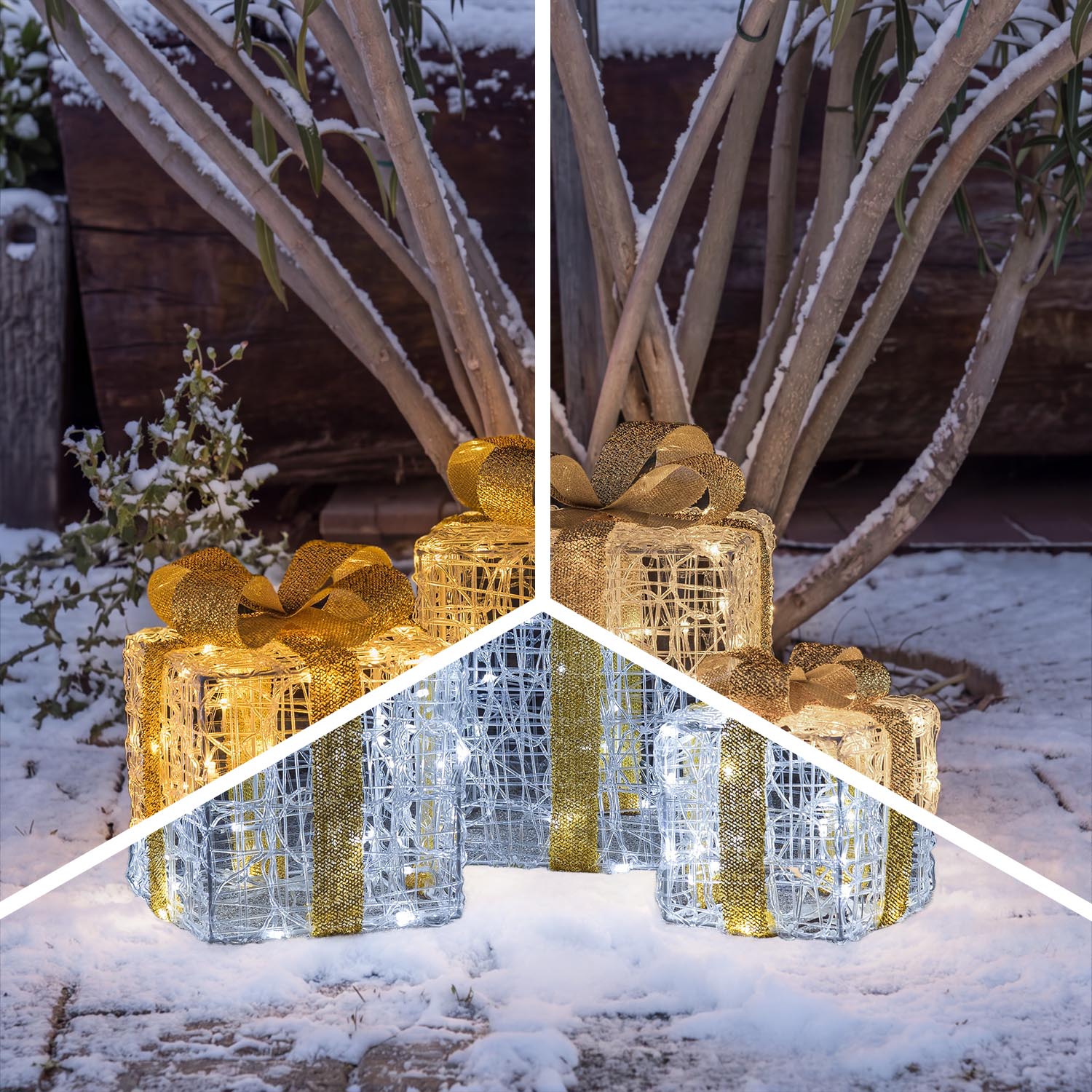 Set 3 Pacchi Regalo in acrilico, 150 Dual Color LED bianco caldo e bianco freddo 