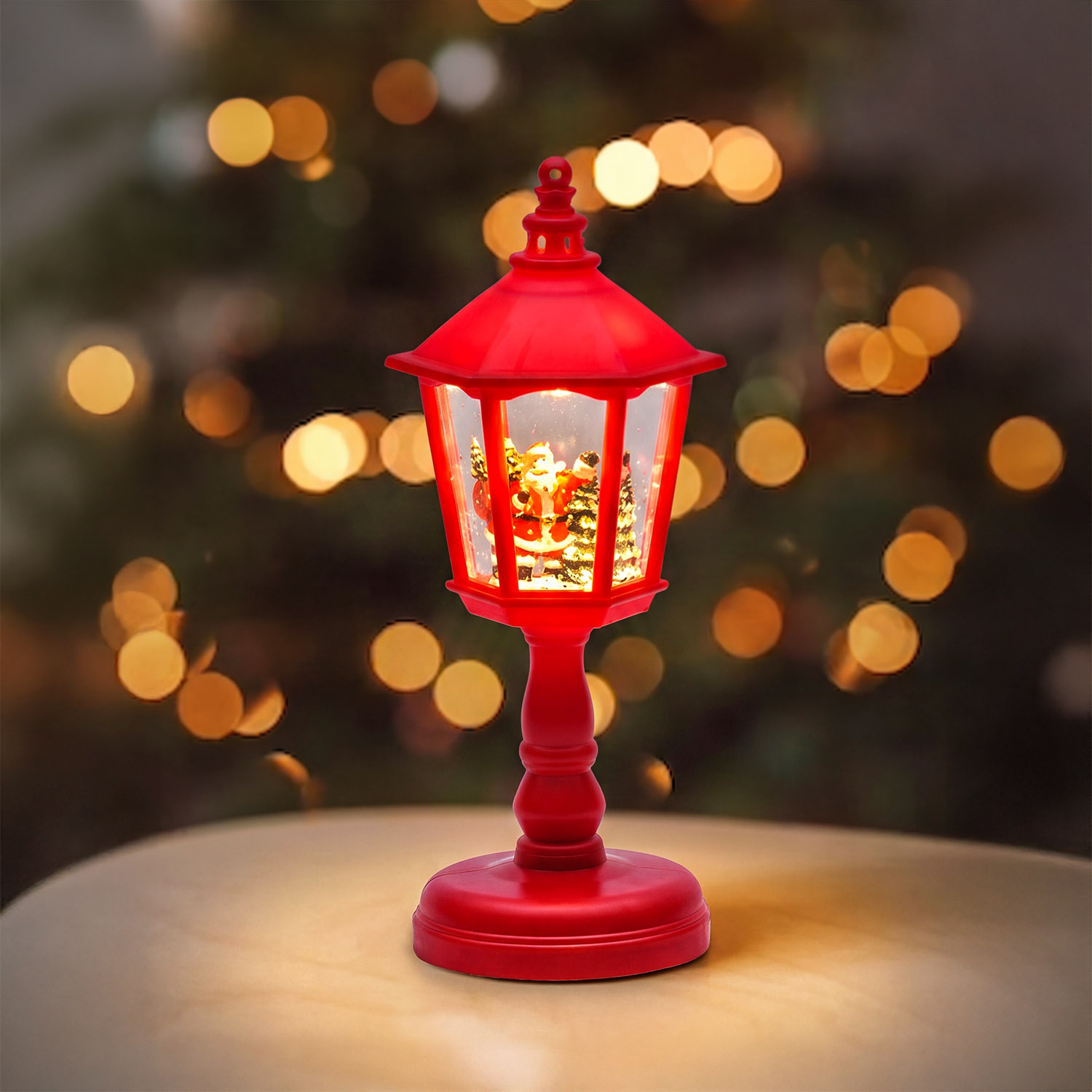 Lampione rosso, glitter scintillanti, h 21 cm, led bianco caldo, musiche natalizie 