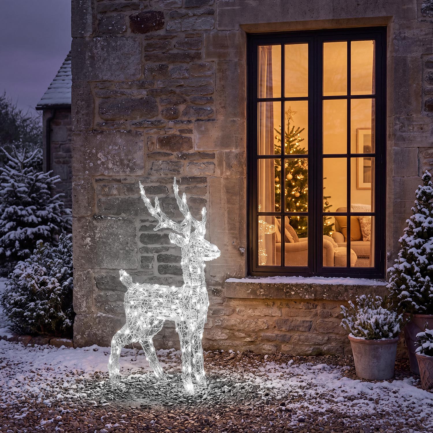 3D Rentier aus transparentem Acryl, H 85 cm, 120 Dual-LED warmweiß und kaltweiß 3