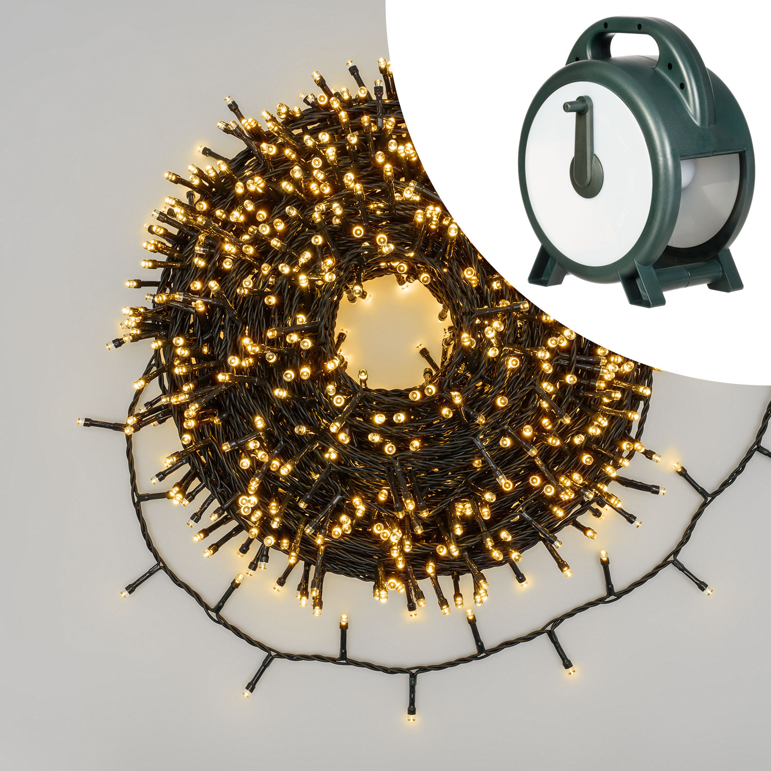 Guirnalda con carrete enrollador 60 m, 1500 led blanco cálido, cable verde Guirnalda con carrete enrollador 60 m, 1500 led blanco cálido, cable verde