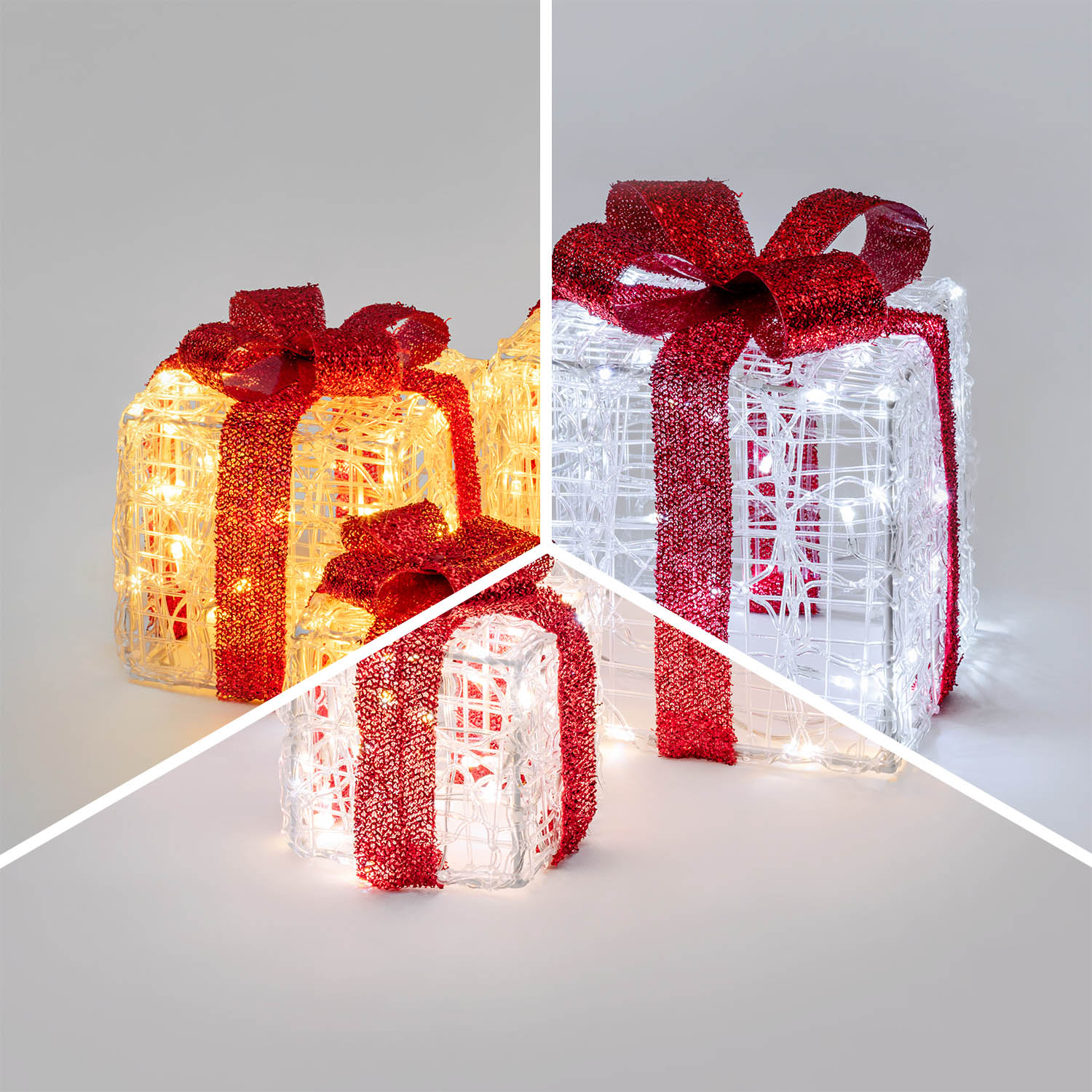 Set 3 Pacchi Regalo in acrilico, 120 Dual Color LED bianco caldo e bianco freddo 