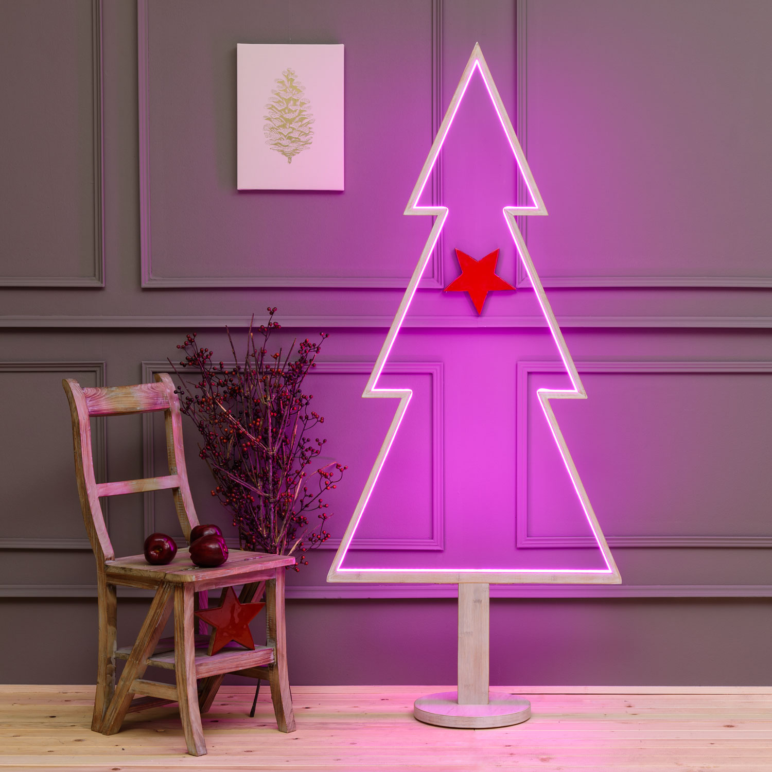 LED-Tannenbaum aus weißem Naturholz auf Fuß, 170 cm, RGB und warmweiß, Innenbereich 14 LED-Tannenbaum aus weißem Naturholz auf Fuß, 170 cm, RGB und warmweiß, Innenbereich 14