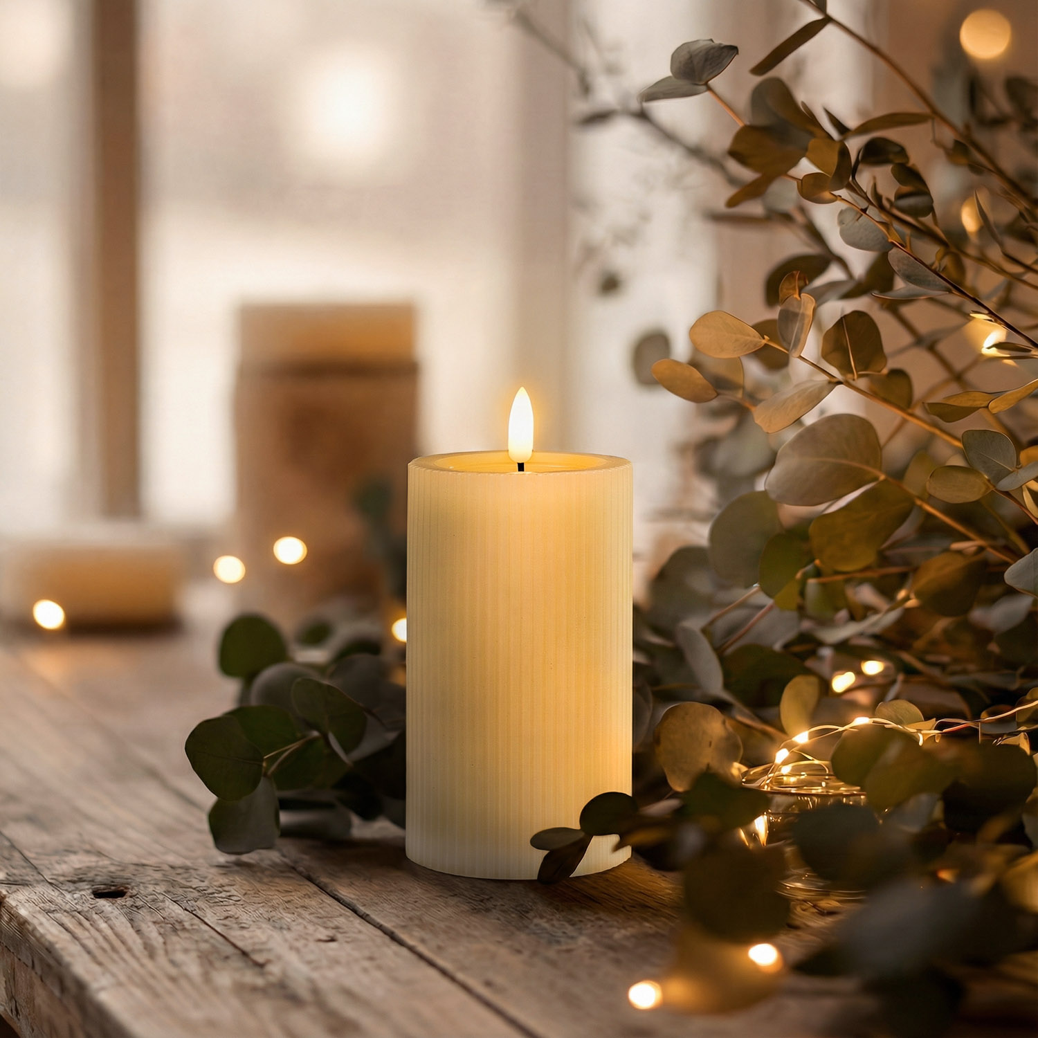 Vela a rayas marfil, llama 3D con mecha y efecto de cera derretida, h 12,5 cm, Ø 7,5 cm, uso exterior