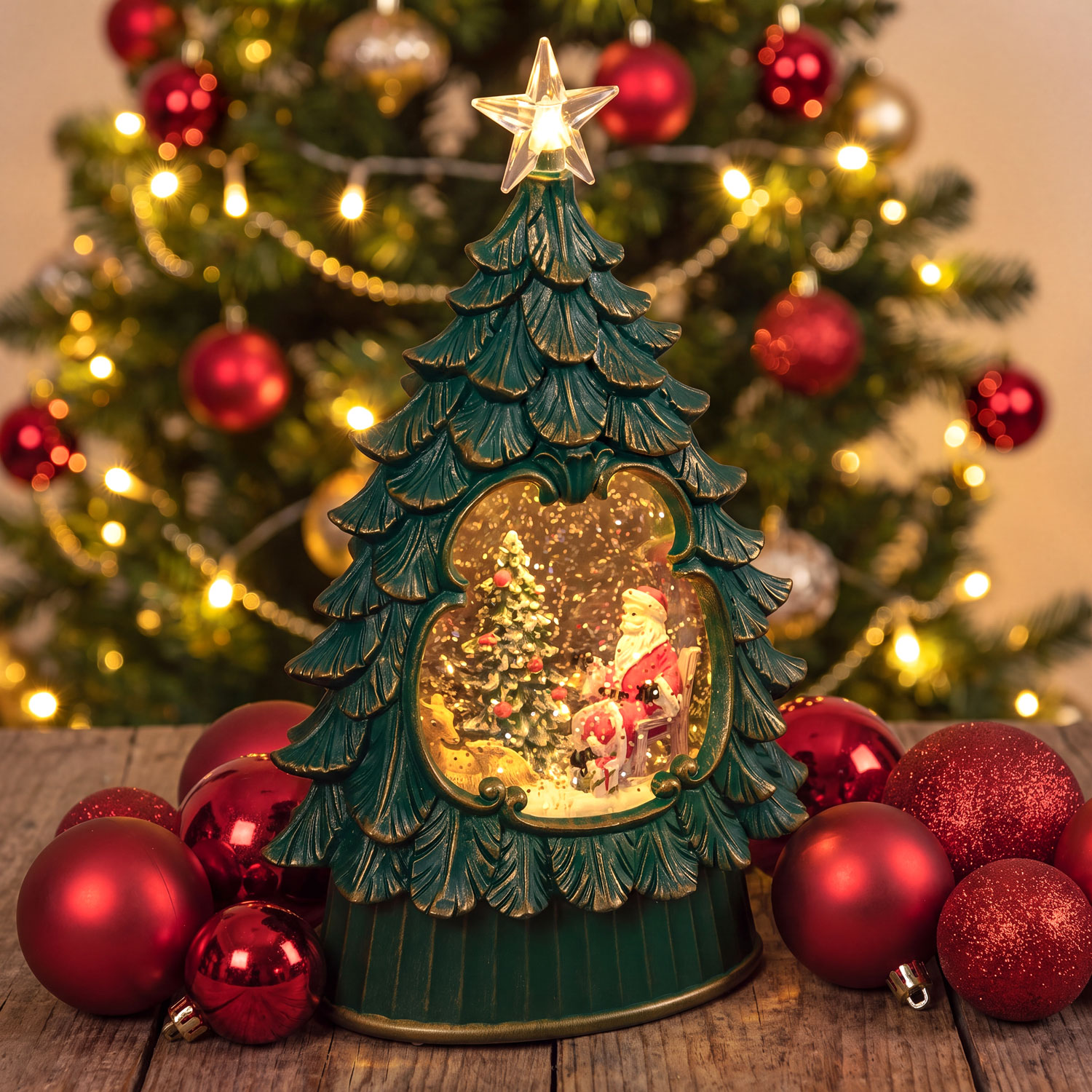 Weihnachtsbaum in antikgrün mit funkelndem Glitter, H 26 cm, Weihnachtslieder, LED warmweiß.