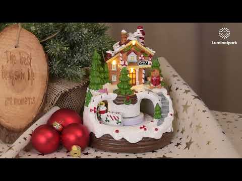 Schneelandschaft mit Pfefferkuchenhaus, mit beweglischer Dampfcake, H 16 cm, Weihnachtslieder 2