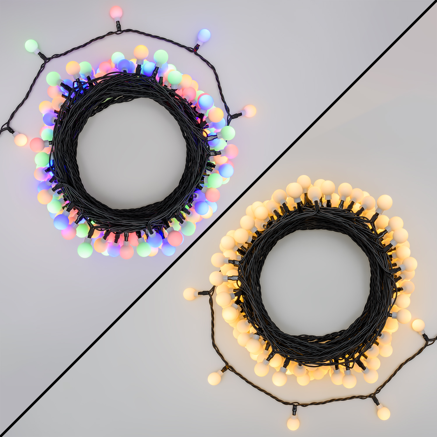 Lichterkette 20 m, 200 Mini-Kugeln Ø 15 mm, Dual Color LED Warmweiß und Multicolor, grünes Kabel 4 Lichterkette 20 m, 200 Mini-Kugeln Ø 15 mm, Dual Color LED Warmweiß und Multicolor, grünes Kabel 4