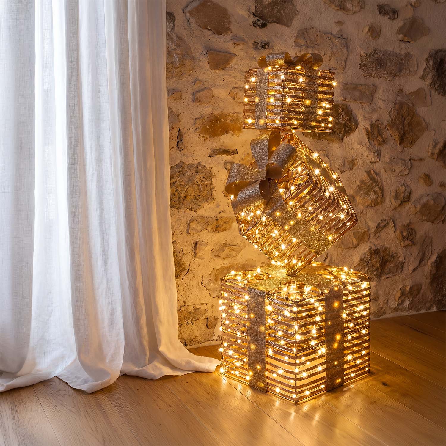 Set 3 Pacchi Regalo a coste 3D Rose Gold, h 73 cm, 350 microled bianco caldo