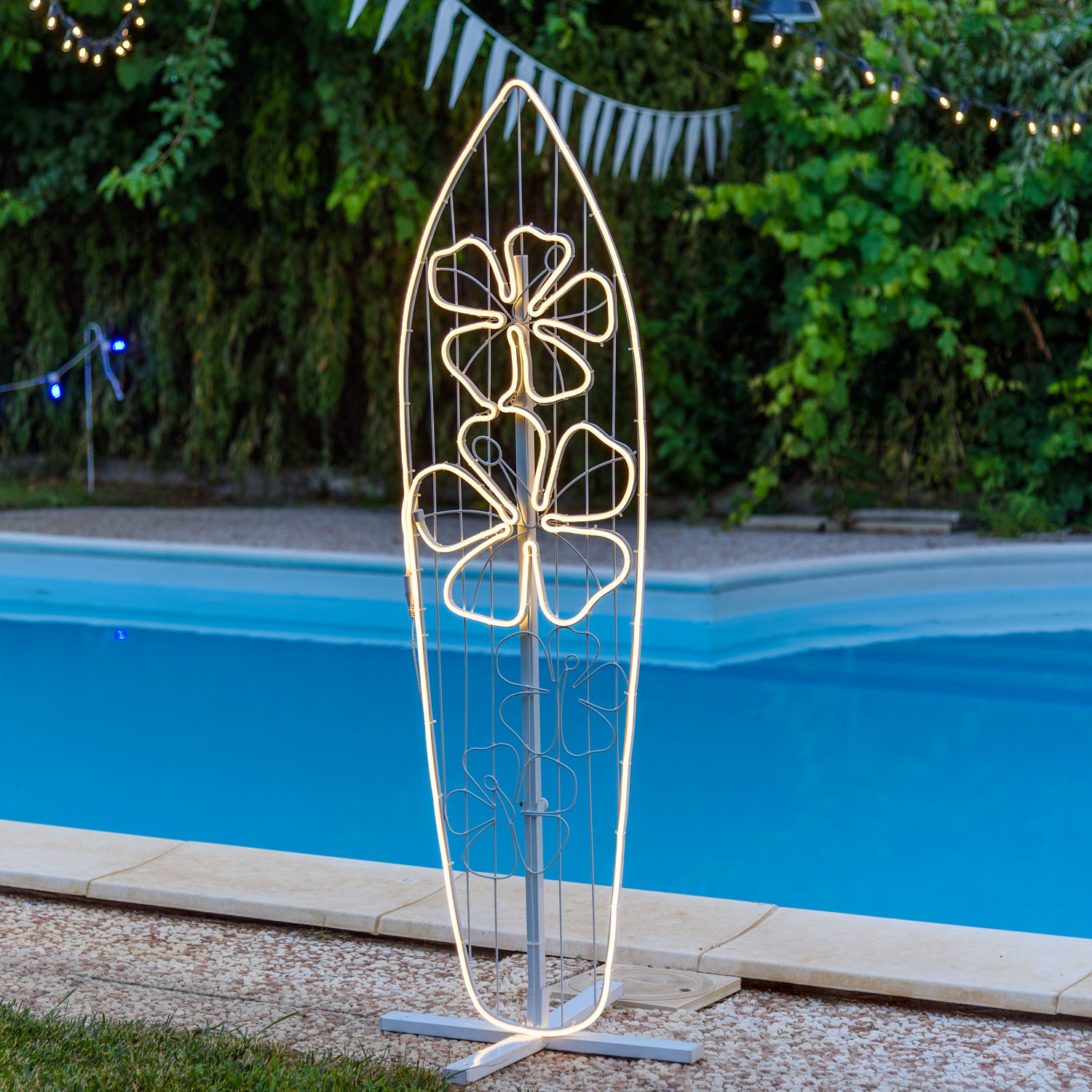 Planche de Surf décorative avec fleurs en tube effet néon, led blanc chaud Planche de Surf décorative avec fleurs en tube effet néon, led blanc chaud