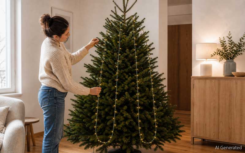 Donna che dispone una catena di luci in fasce verticali sull’albero di Natale