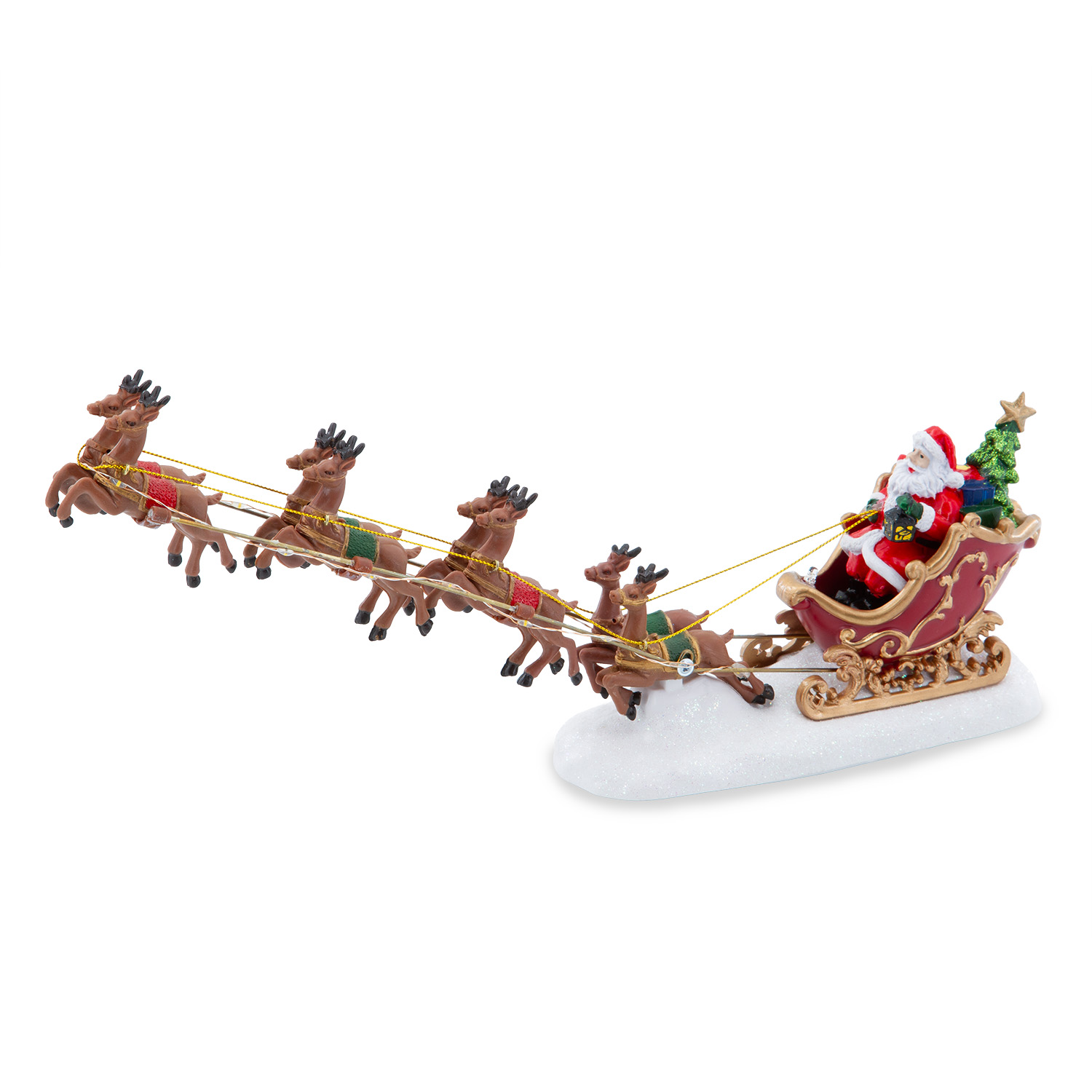 Villaggio di Natale, Babbo Natale su slitta e renne volanti, h 16 cm, led bianco caldo 2