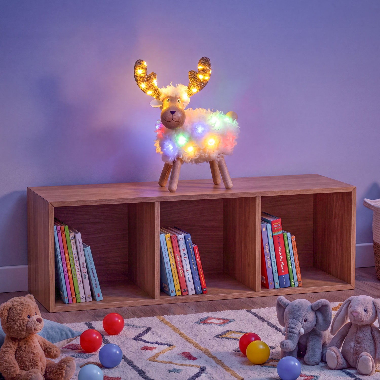 3D leuchtendes Schaf-Rentier aus Holz, H 31 cm, Dual-Color Micro-LED in Warmweiß und Multicolor, für Innenbereich