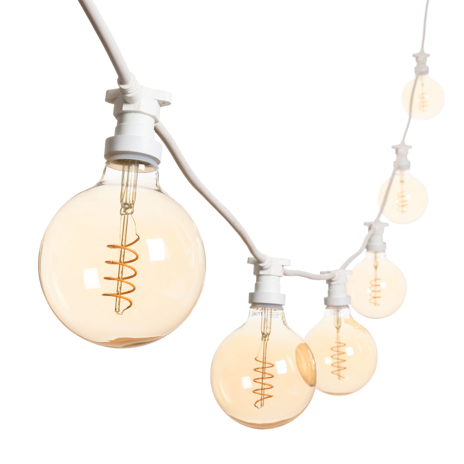 Catena 5 m, 8 lampadine globo Ø 125 mm di 4 Watt, led a spirale, cavo bianco, prolungabile Catena 5 m, 8 lampadine globo Ø 125 mm di 4 Watt, led a spirale, cavo bianco, prolungabile