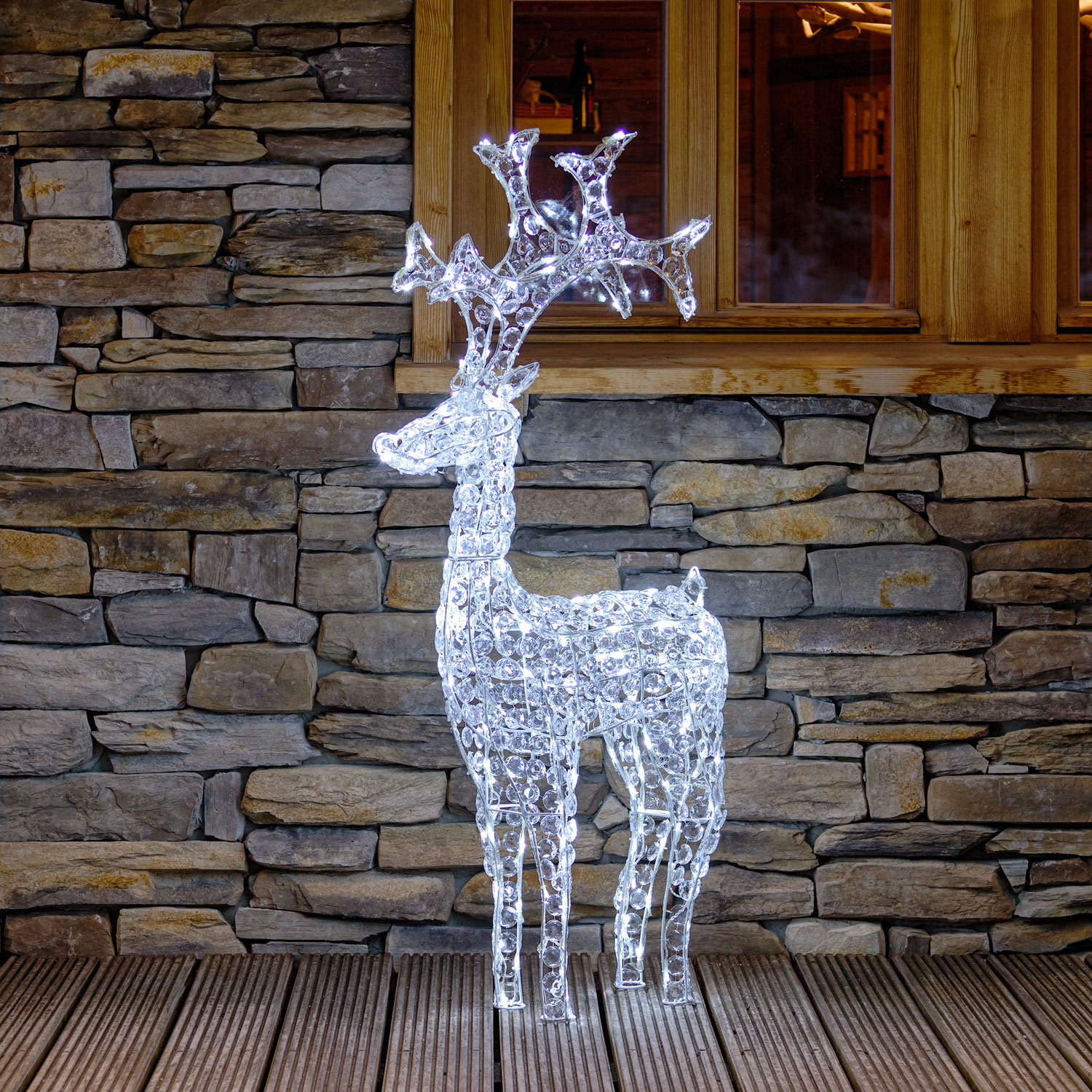 Stehendes Rentier mit Acryl Kristallen, h 120 cm, 250 LEDs kaltweiß Stehendes Rentier mit Acryl Kristallen, h 120 cm, 250 LEDs kaltweiß