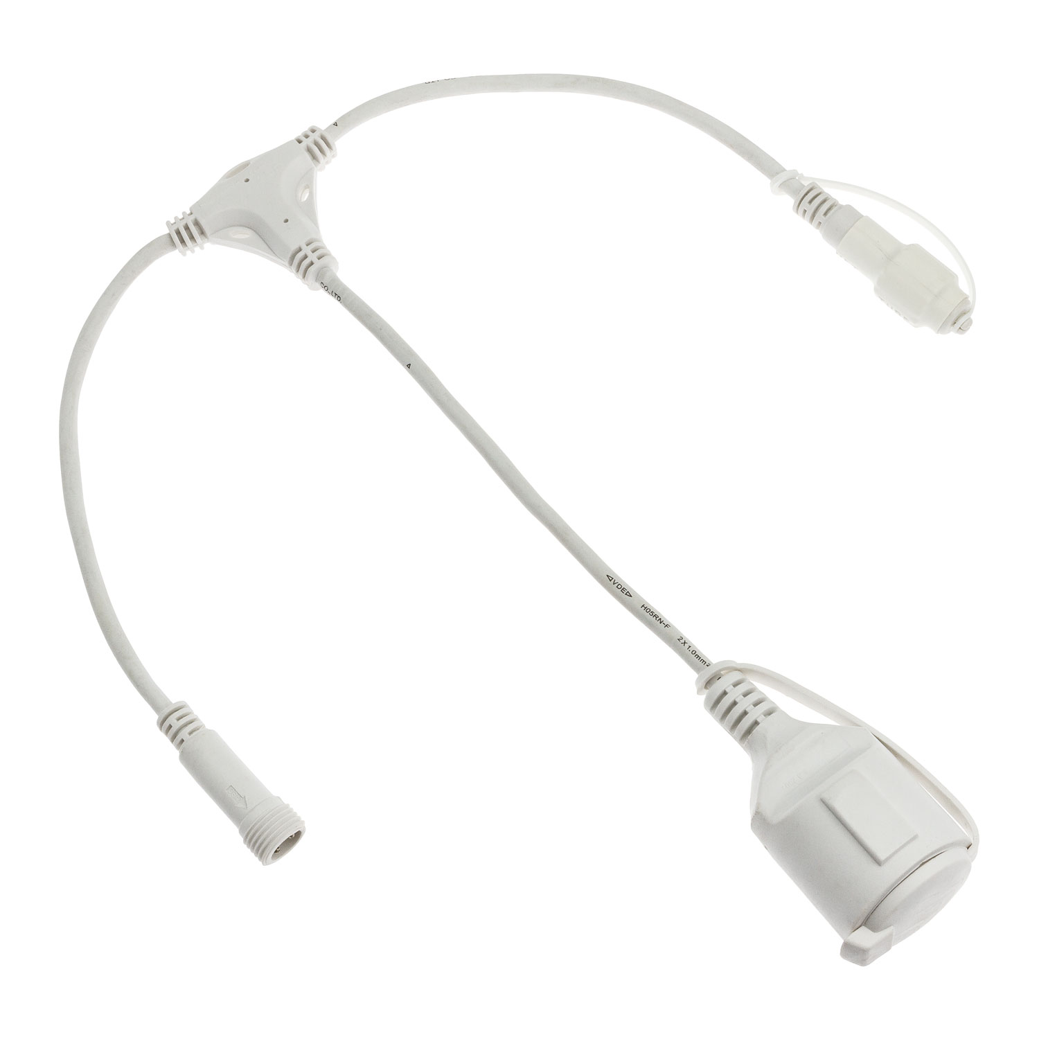 Multiverbinder 2 Ausgänge mit Schuko Steckdose, weißes Kabel, außen, IP67 Multiverbinder 2 Ausgänge mit Schuko Steckdose, weißes Kabel, außen, IP67