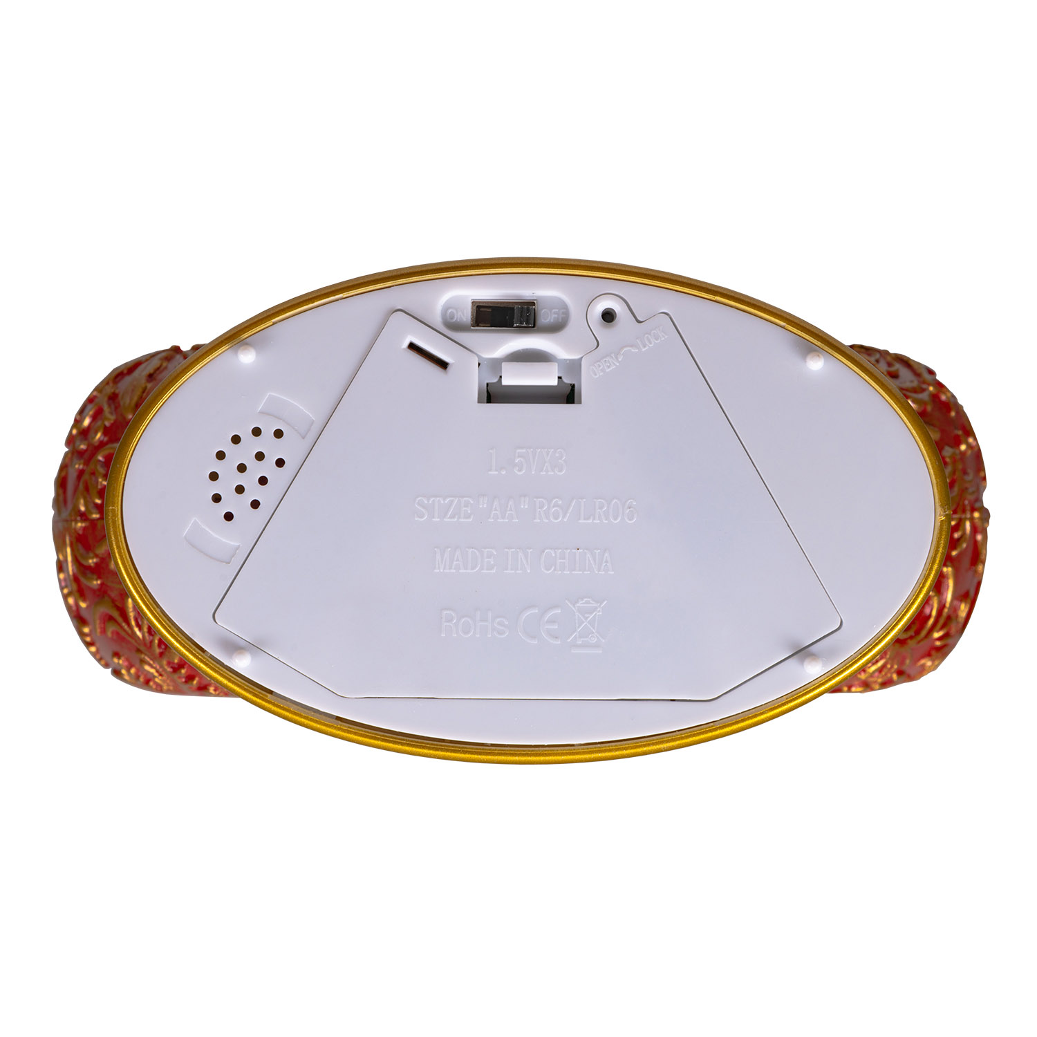 Lanterne de Noël Sphère plate rouge patiné, paillettes scintillantes, h 20 cm, musiques de Noël, LED blanc chaud 3