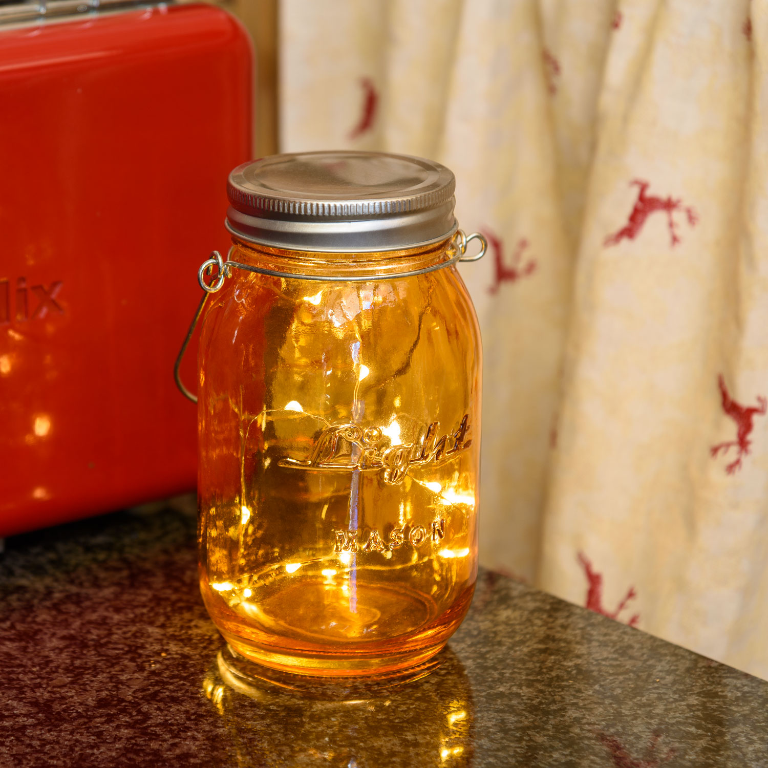 Orangenes Einweckglas mit Micro LEDs warmweiß 1 Orangenes Einweckglas mit Micro LEDs warmweiß 1