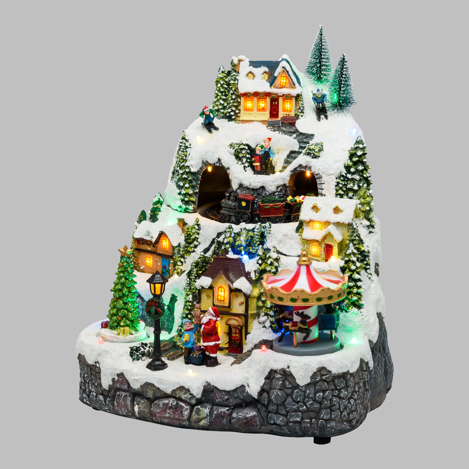 Pueblo de Navidad nevado con Trenecito, Árbol y Tiovivo giratorios, h 31 cm, villancicos 7 Pueblo de Navidad nevado con Trenecito, Árbol y Tiovivo giratorios, h 31 cm, villancicos 7
