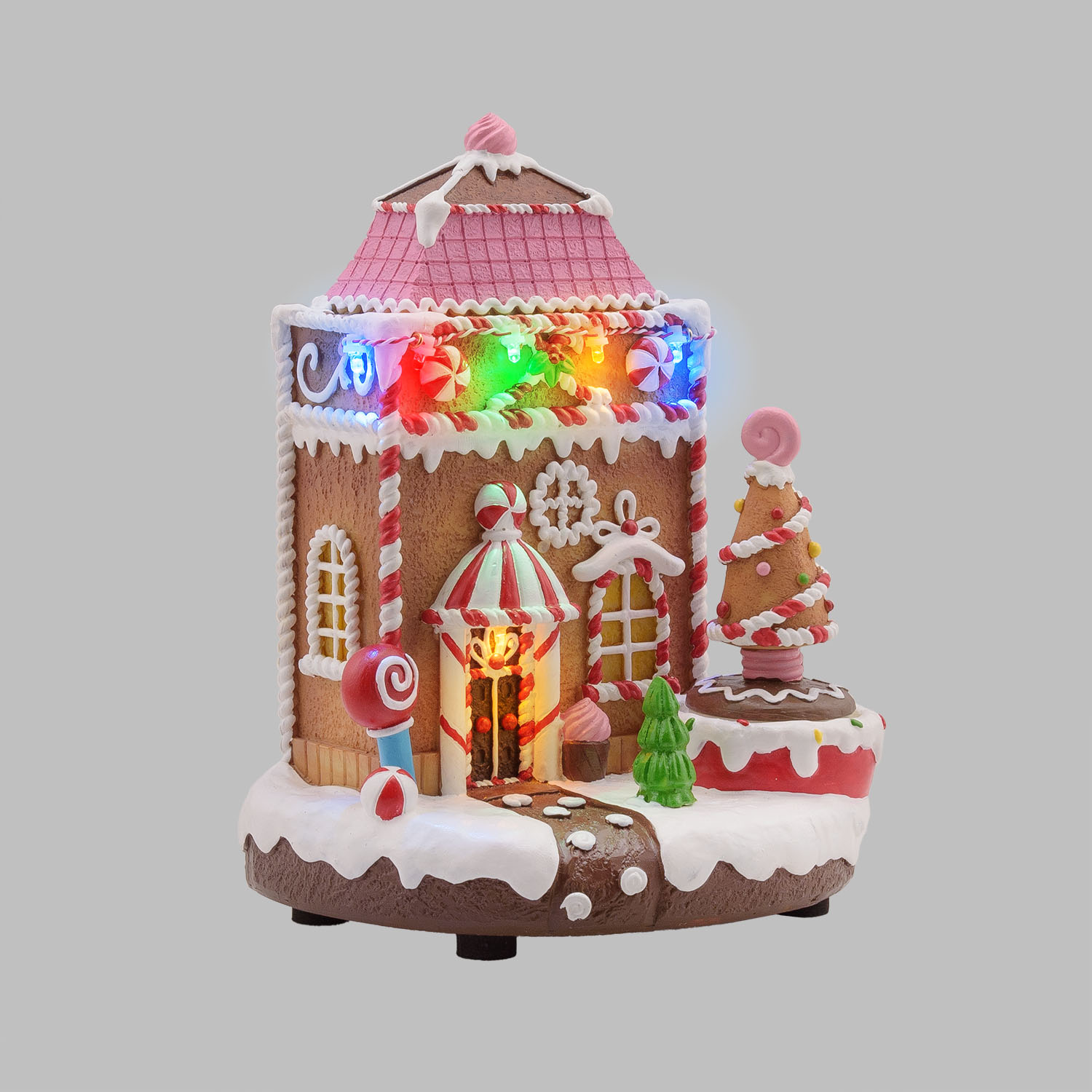 Pueblo de Navidad en poliresina, Casa de Jengibre con Árbol giratorio, 20 cm, músicas navideñas