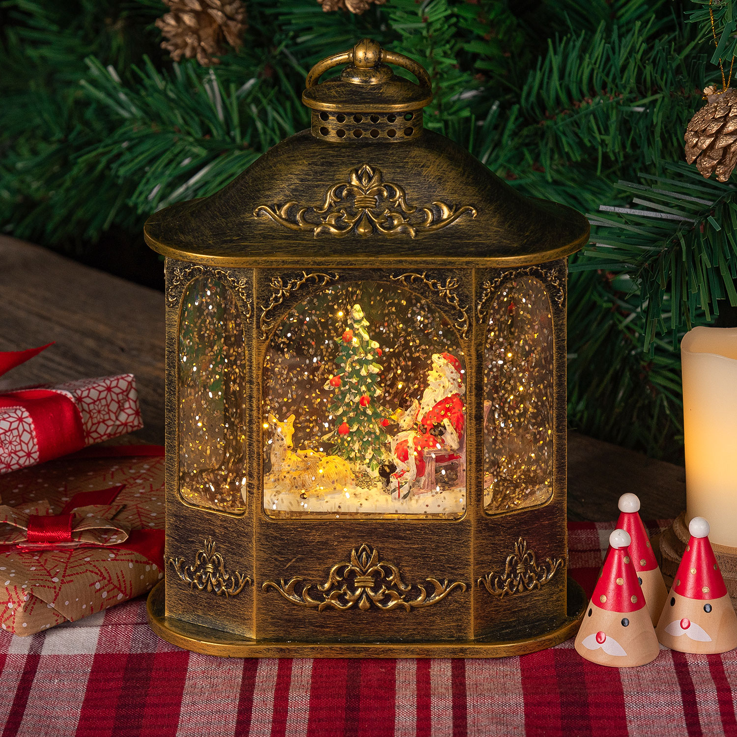 Sechseckige Laterne in dunkelbraun mit funkelndem Glitter, H 21 cm, Weihnachtsmelodien, LED warmweiß, für Innenbereich