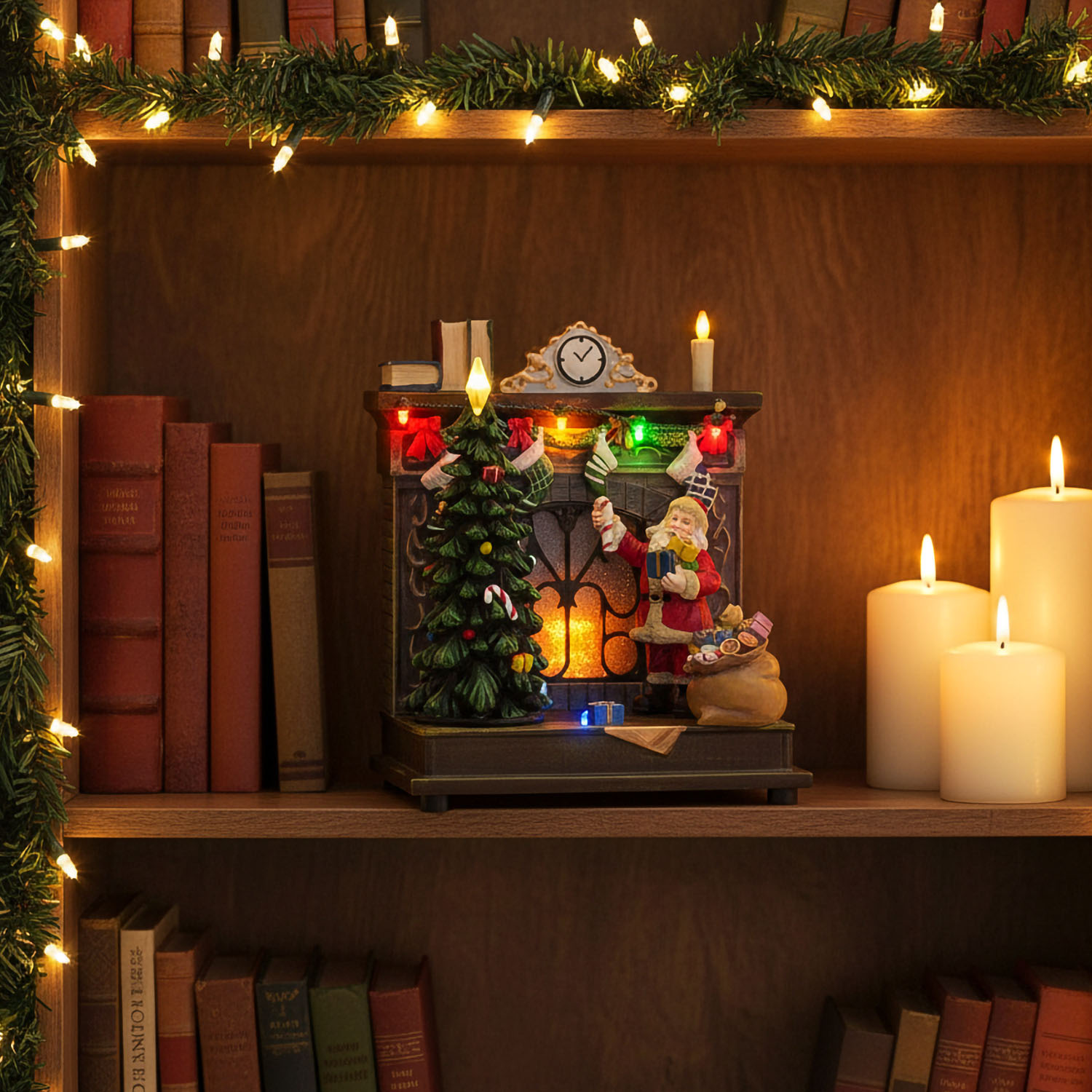 Weihnachtsdorf, Kamin mit Flammeneffekt und rotierendem Baum, H 20 cm, Weihnachtsmusik“